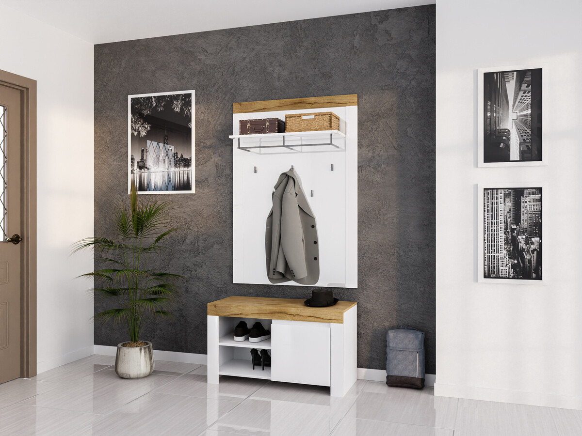 Előszoba garnitúra Sonsoru 140 (Fehér + Fényes fehér + Wotan tölgy)