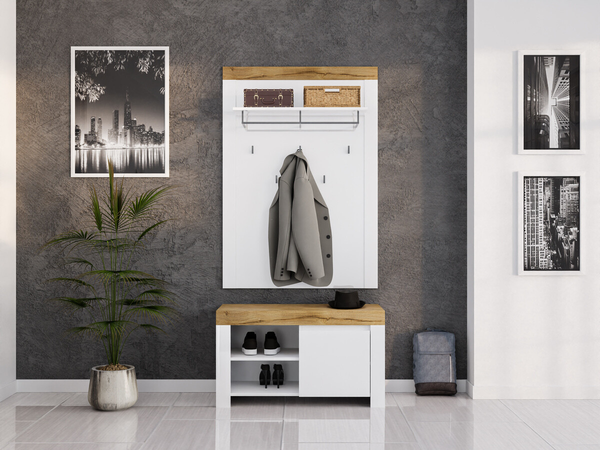 Előszoba garnitúra Sonsoru 140 (Fehér + Fényes fehér + Wotan tölgy)