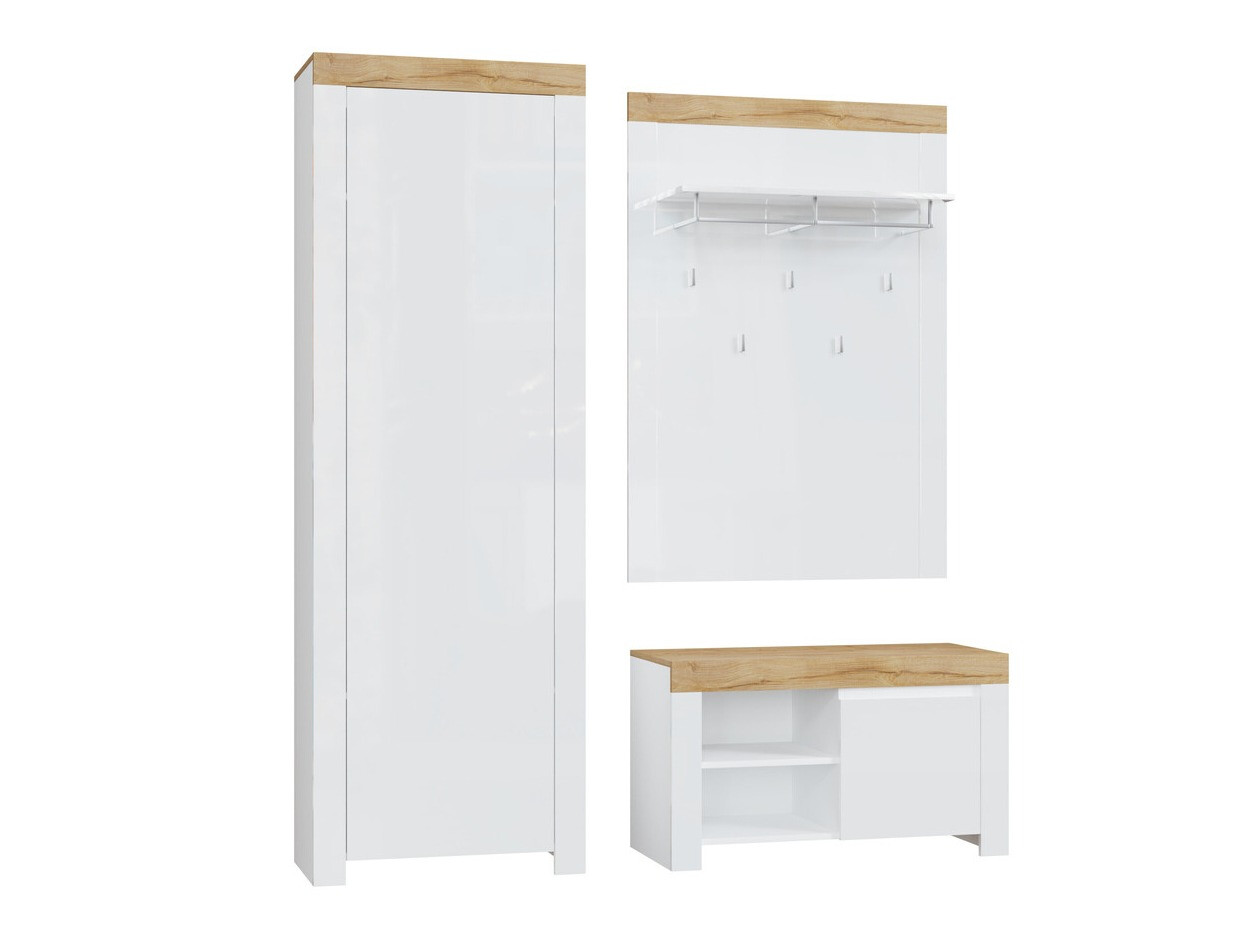 Előszoba garnitúra Sonsoru 139 (Fehér + Fényes fehér + Wotan tölgy)