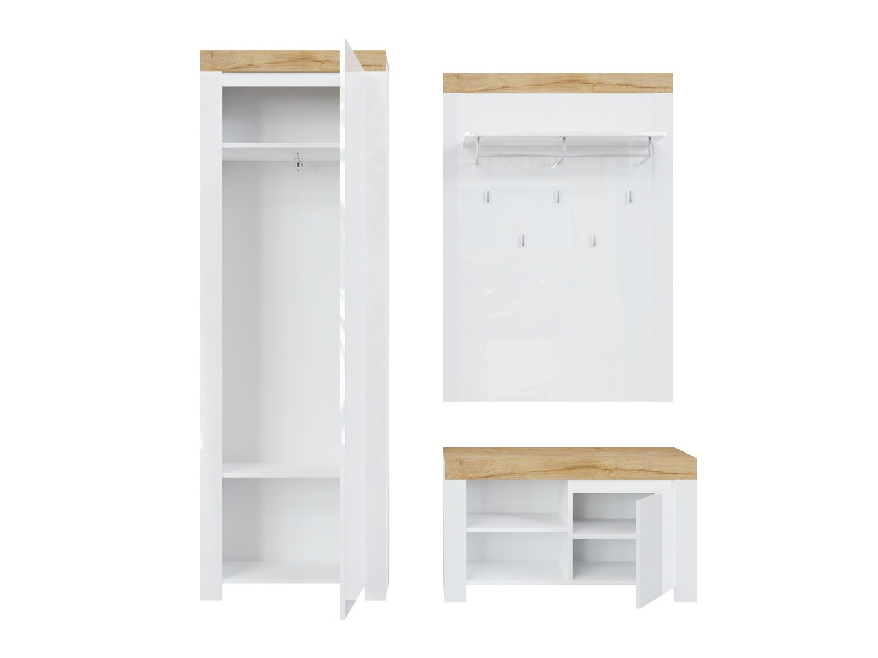 Előszoba garnitúra Sonsoru 139 (Fehér + Fényes fehér + Wotan tölgy)