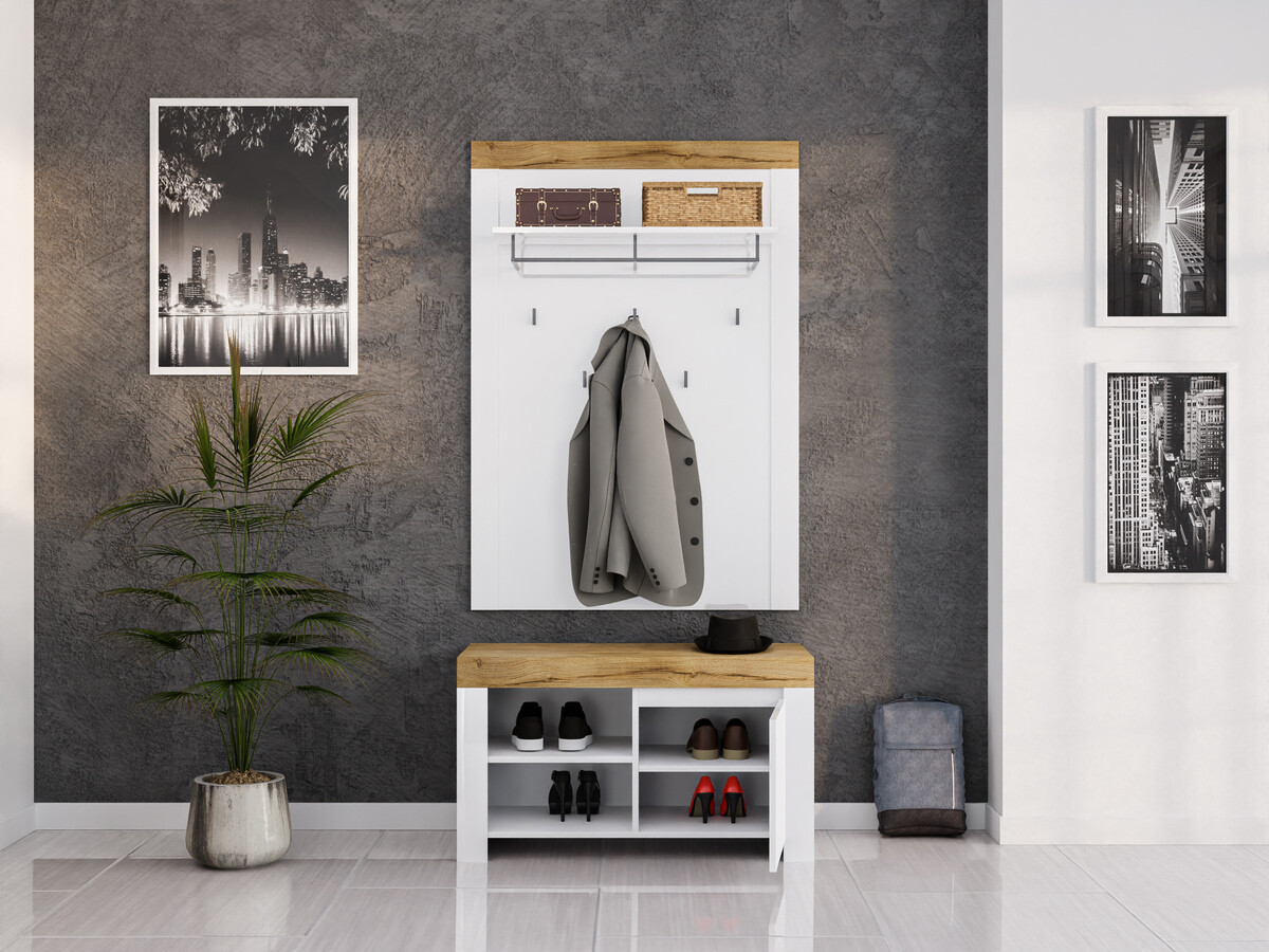 Előszoba garnitúra Sonsoru 140 (Fehér + Fényes fehér + Wotan tölgy)