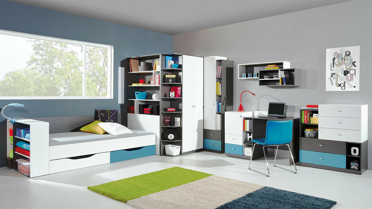 Könyvespolc Omaha F115 (Grafit + Fehér + Türkiz)