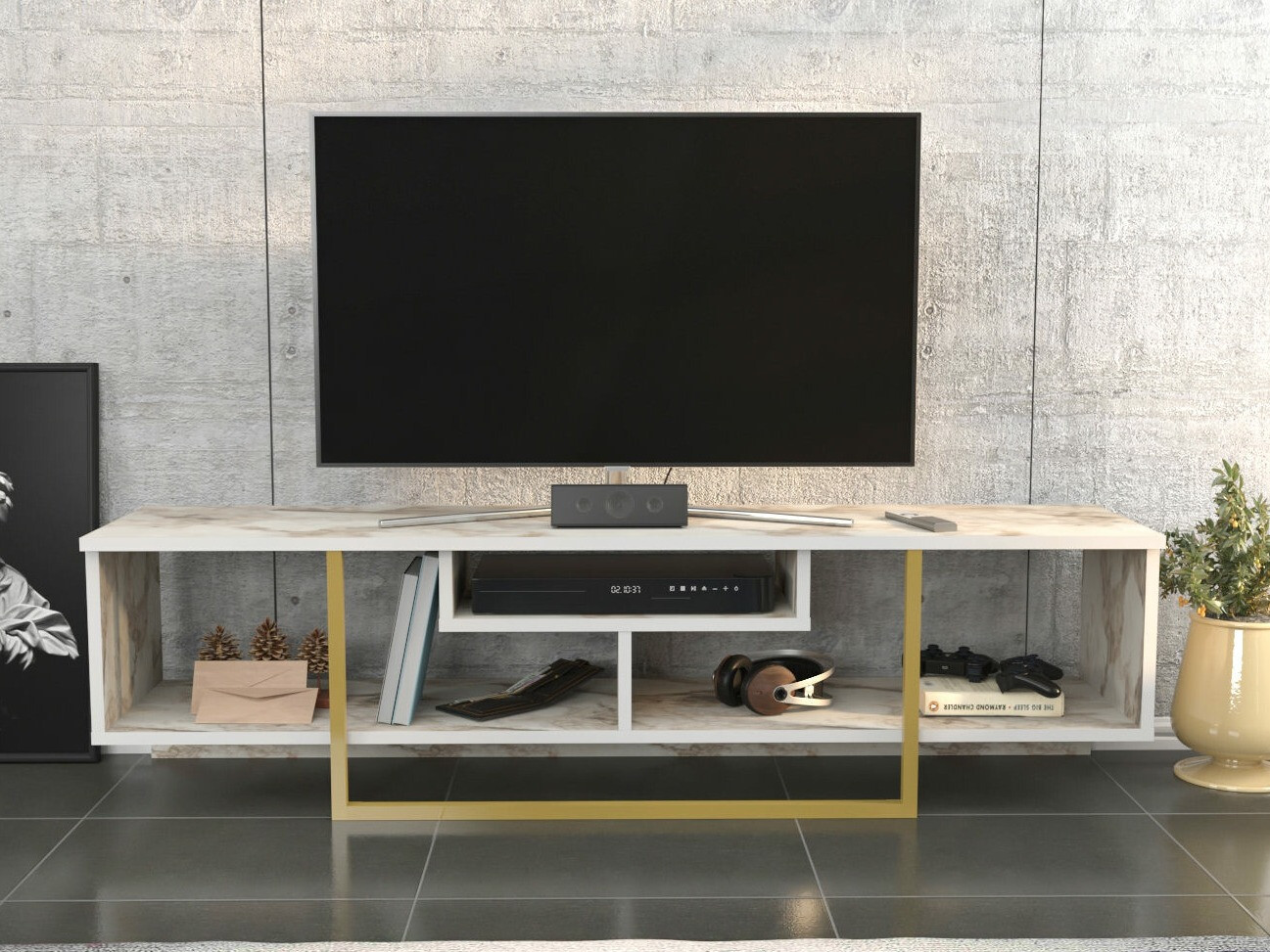 TV-állvány Kailua 245 (Fehér márvány + Aranysárga)