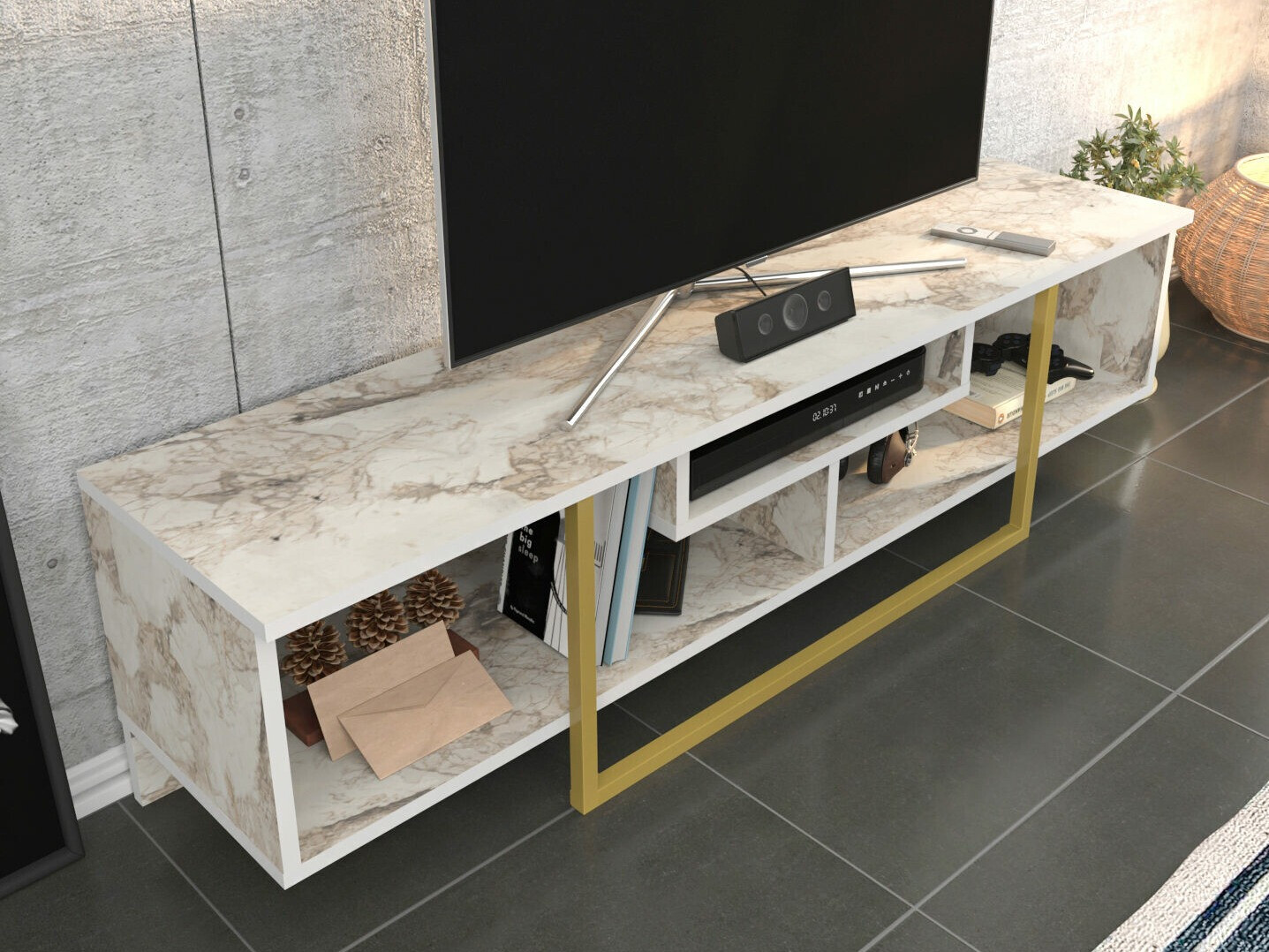 TV-állvány Kailua 245 (Fehér márvány + Aranysárga)