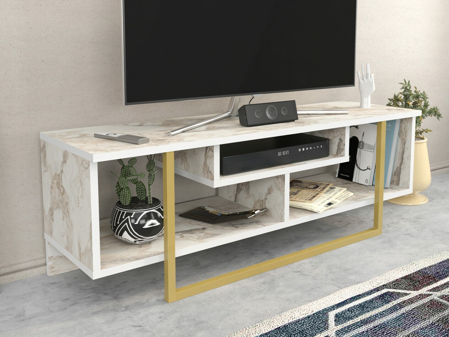 TV-állvány Kailua 246 (Fehér márvány + Aranysárga)