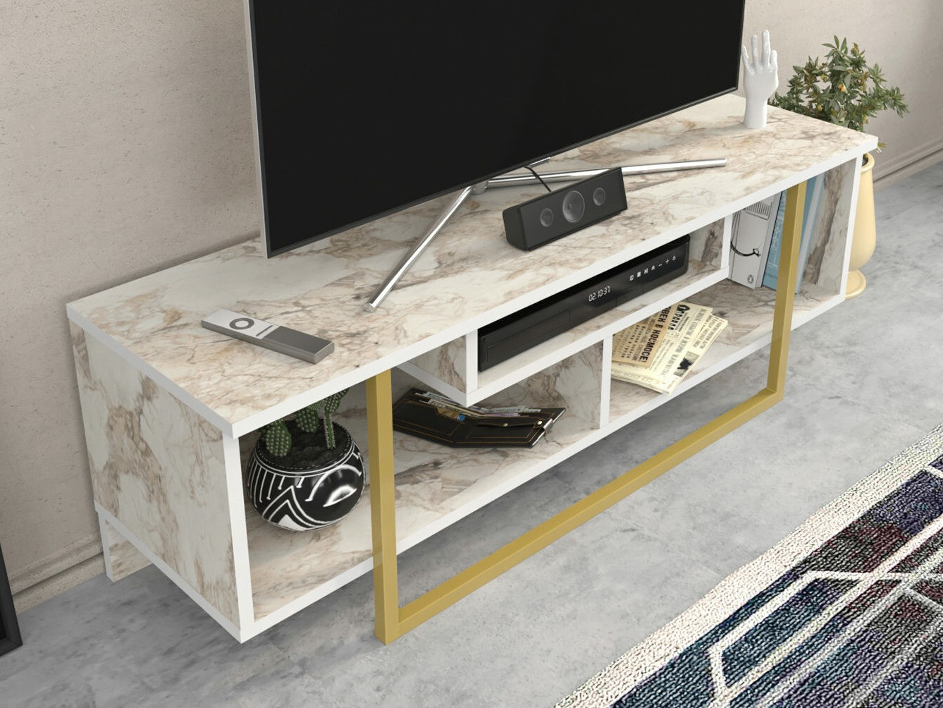 TV-állvány Kailua 246 (Fehér márvány + Aranysárga)