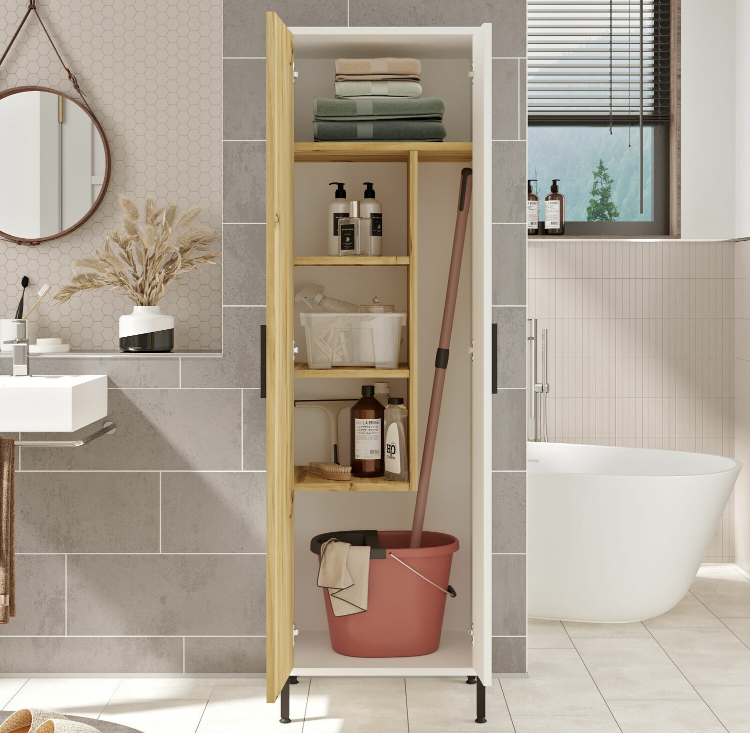 Álló fürdőszoba szekrény Kailua 2071 (Fehér + Dió)