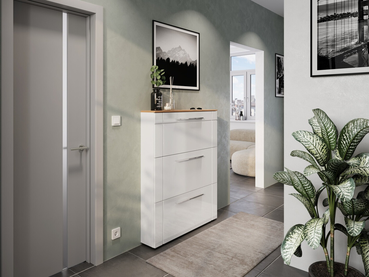 Cipőtároló Sacramento 404 (Fényes fehér + Navarra tölgy)