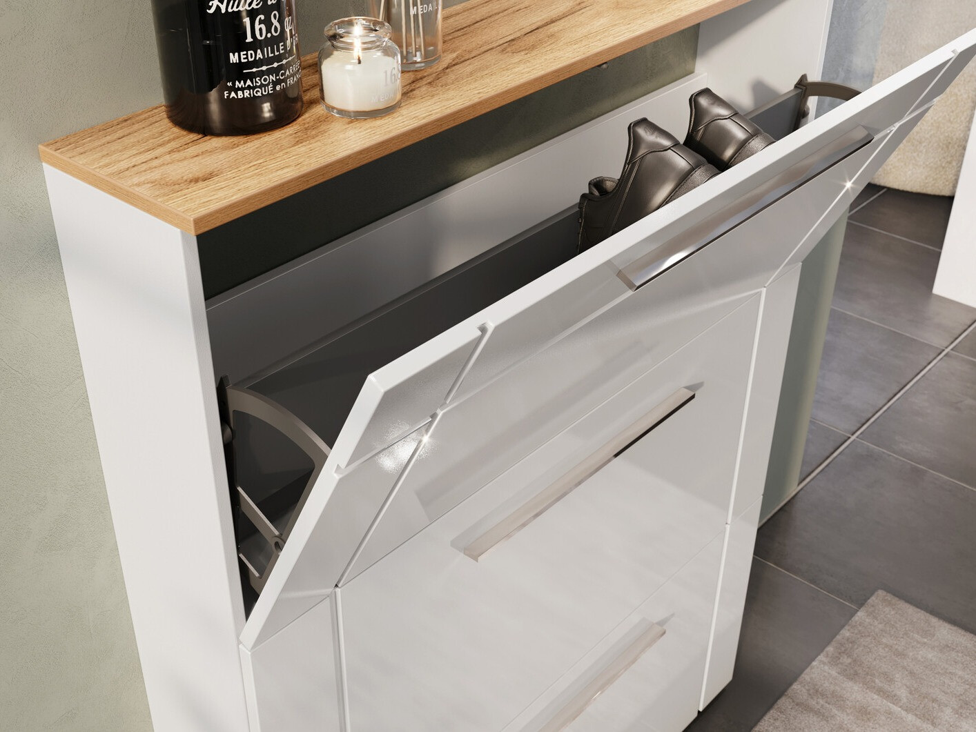 Cipőtároló Sacramento 404 (Fényes fehér + Navarra tölgy)