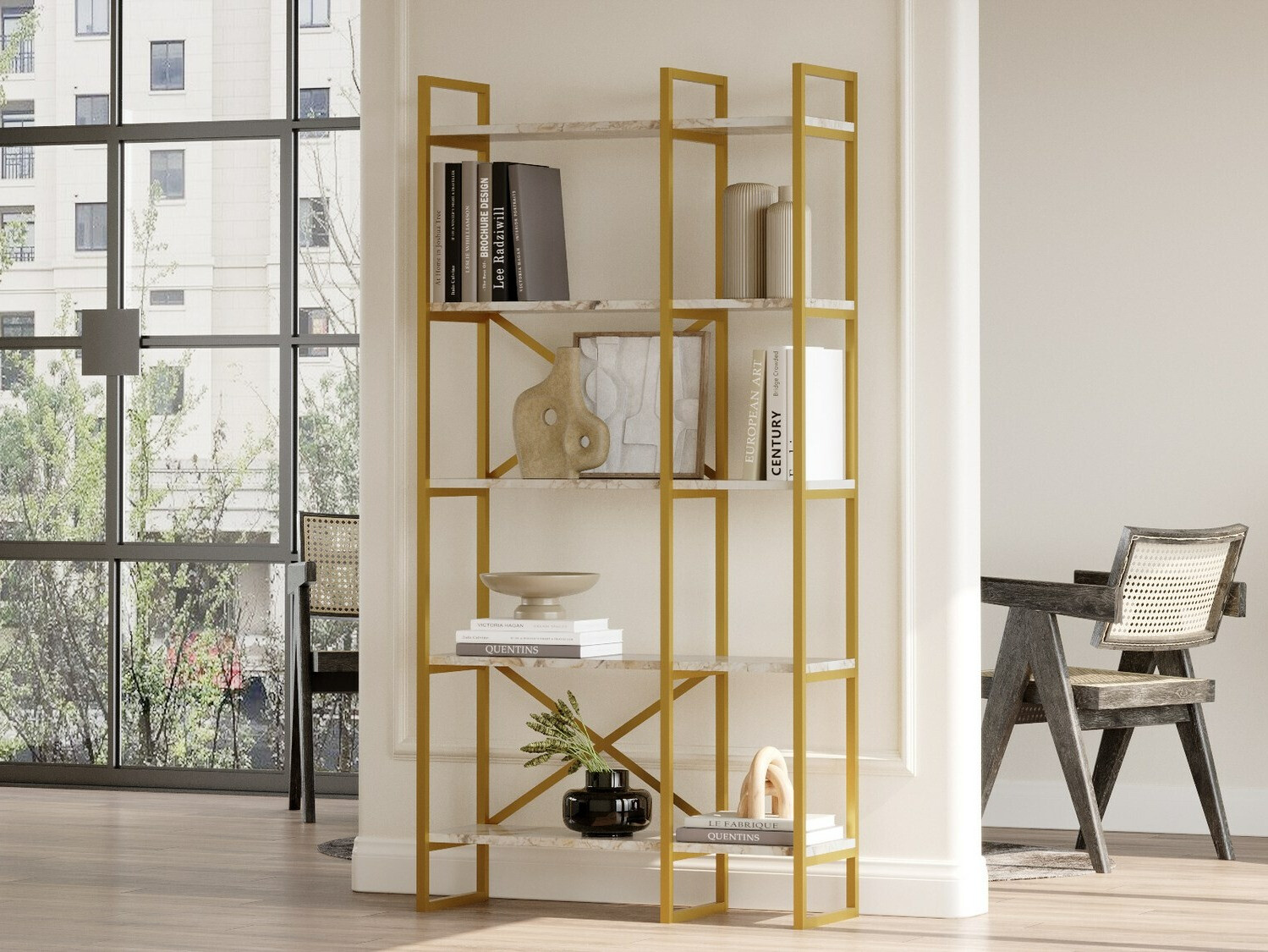 Könyvespolc Kailua 1082 (Fehér márvány + Aranysárga)