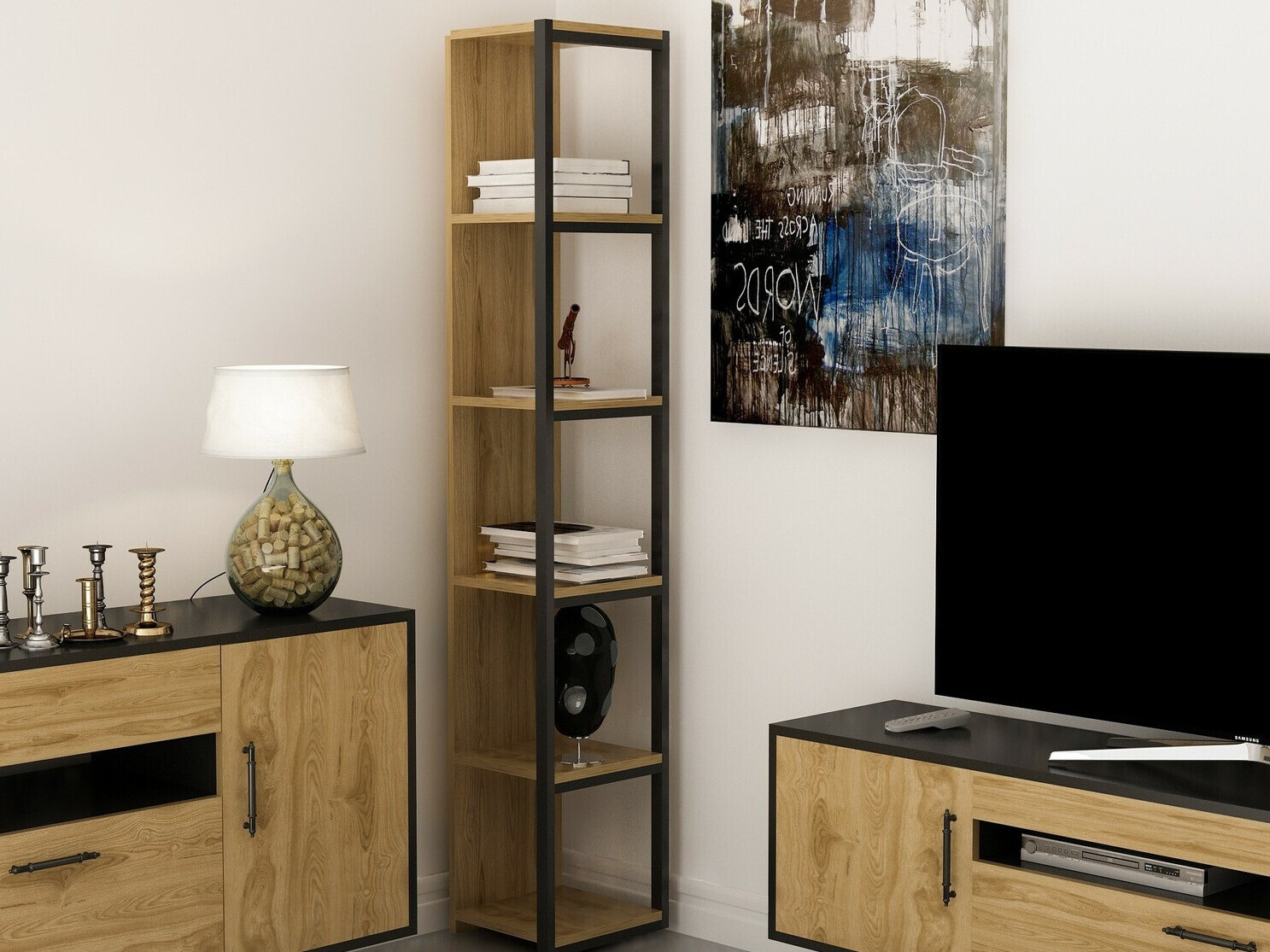 Polcos sarokszekrény Kailua 1077 (Tölgy + Fekete)