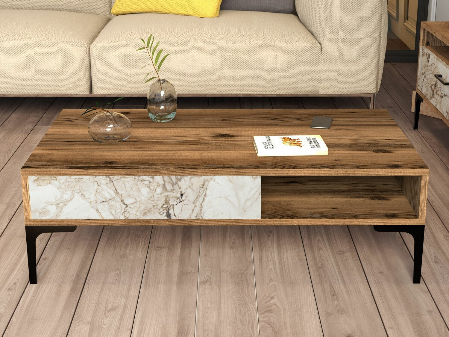 Dohányzóasztal Kailua 1239 (Dió + Fehér márvány)