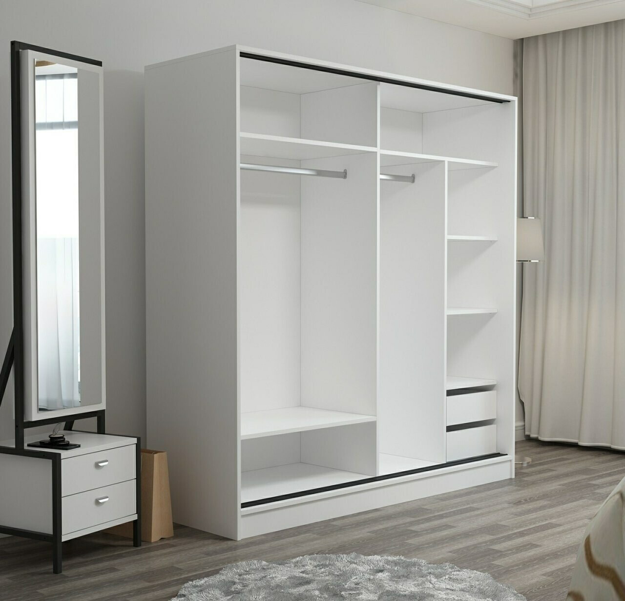 Gardróbszekrény Kailua T103 (Fehér + Tölgy + Fekete márvány)