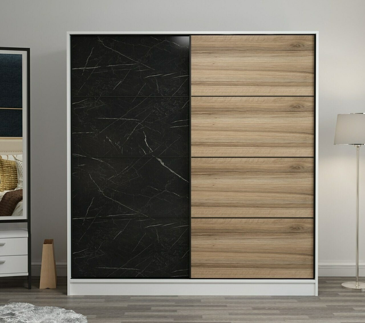 Gardróbszekrény Kailua T103 (Fehér + Tölgy + Fekete márvány)