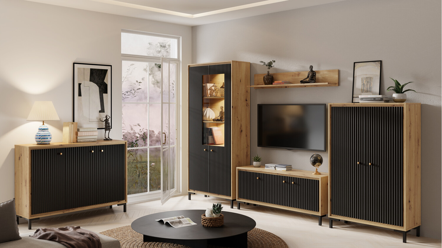 Szekrény Reno J100 (Matt fekete + Artisan tölgy)