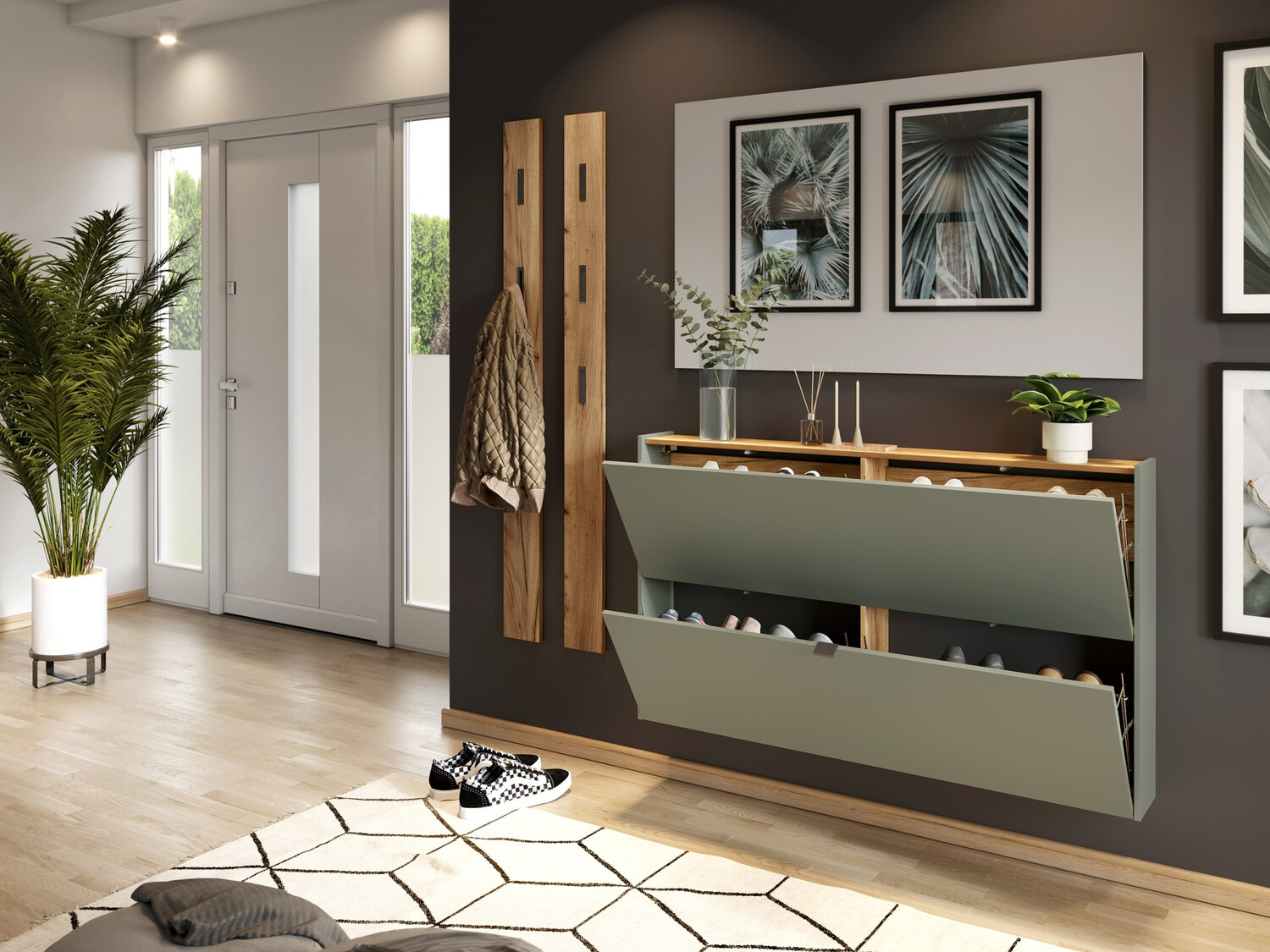 Cipőtároló Cirsale 108 (Poros zöld + Navarra tölgy)