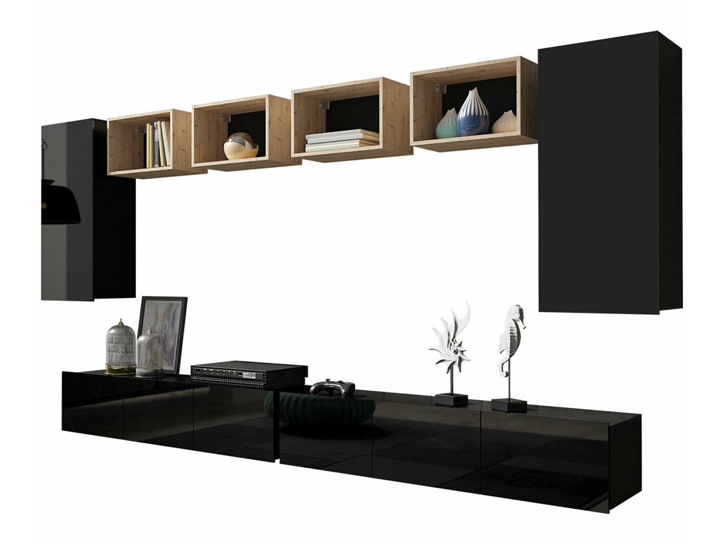 Nappali szett Tivdalu 155 (Fekete + Fényes fekete + Artisan tölgy)