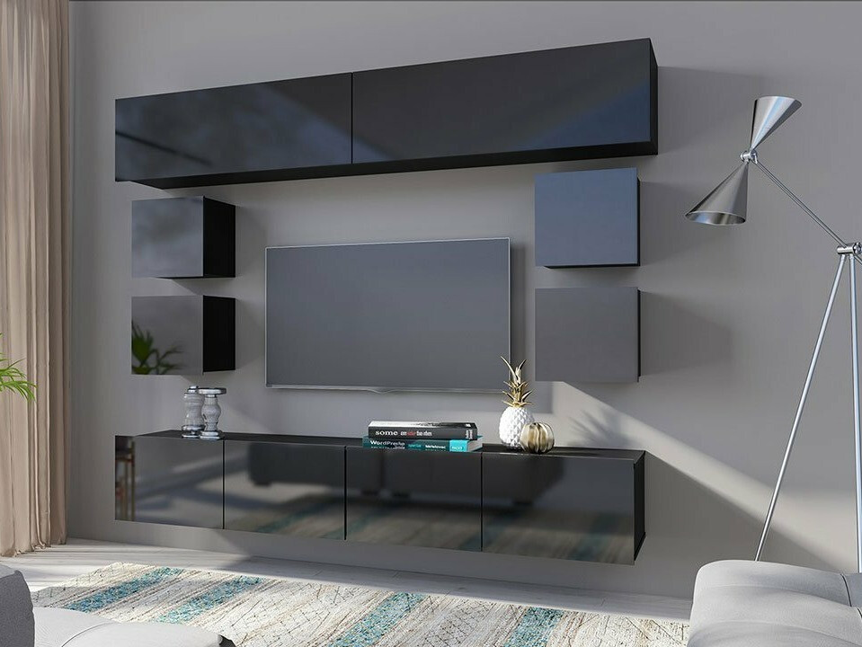 Fali szekrény Tivdalu 124 (Fekete + Fényes fekete)