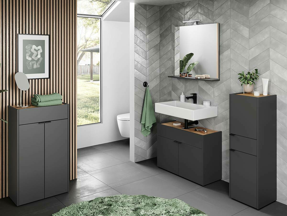 Beépített fürdőszoba szekrény Ventei 101 (Grafit + Navarra tölgy)