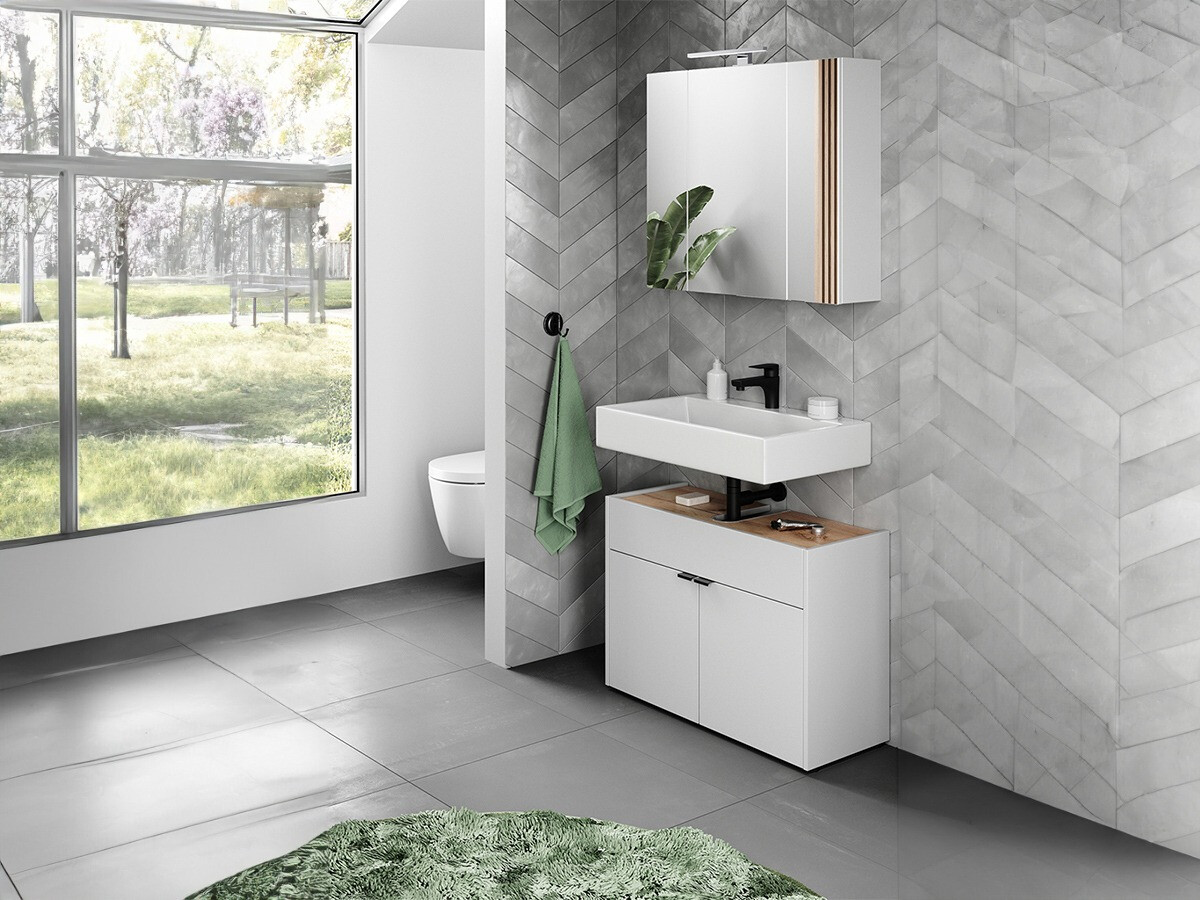 Fürdőszoba garnitúra Ventei 104 (Fehér + Navarra tölgy)