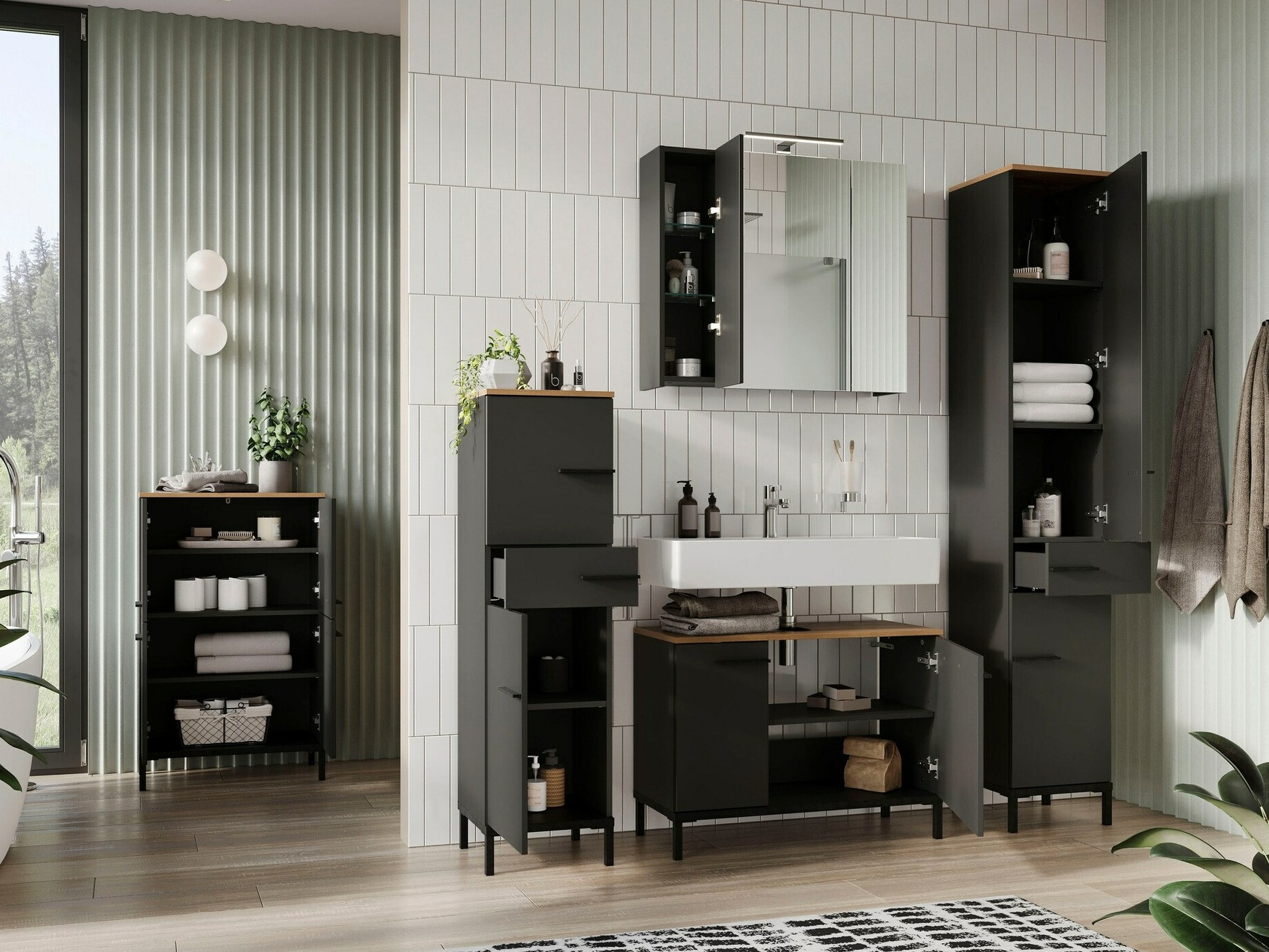 Fürdőszobai garnitúra Ruvlevu 104 (Grafit + Navarra tölgy)