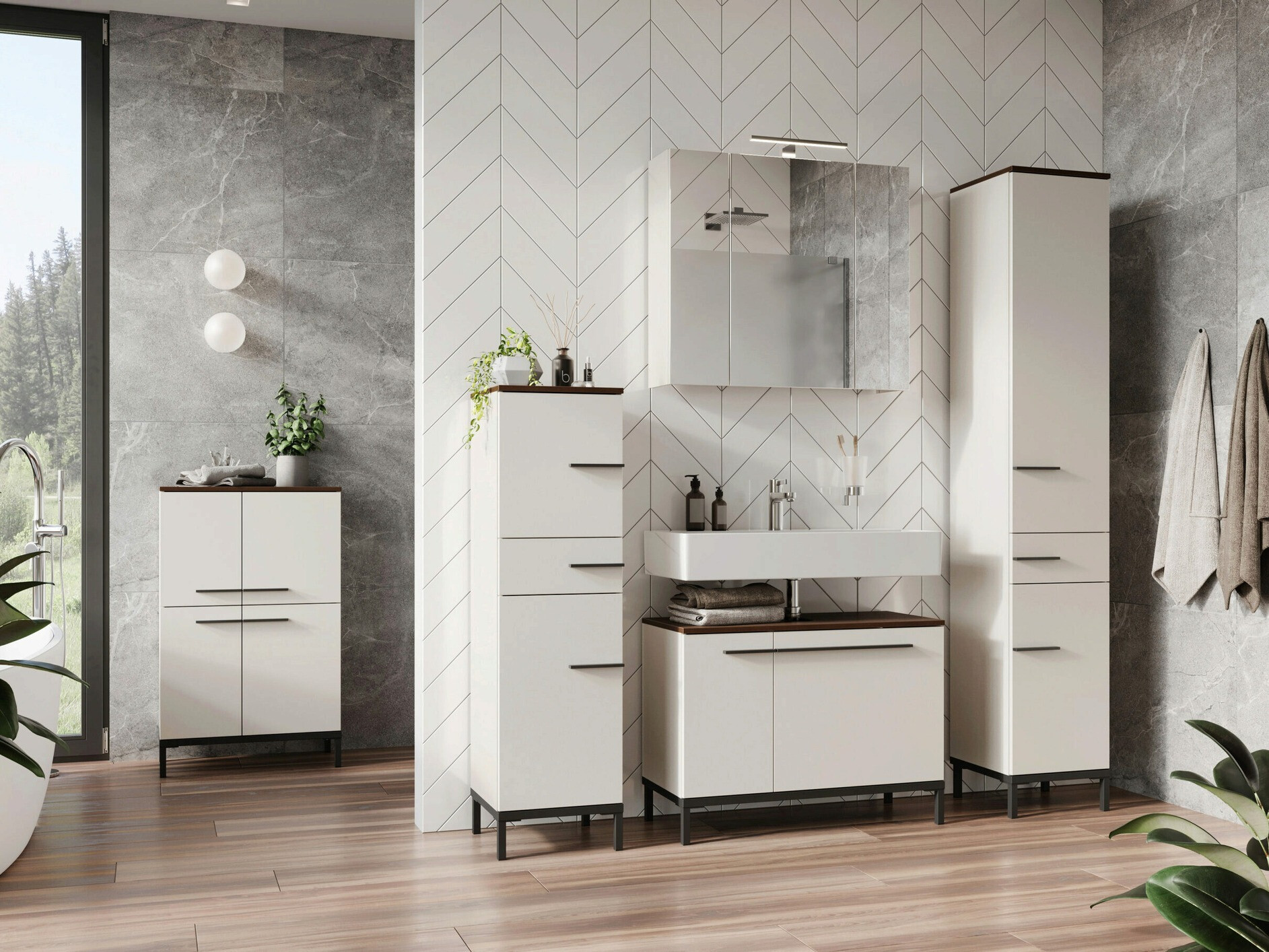 Fürdőszobai garnitúra Ruvlevu 104 (Világosszürke + Dió)