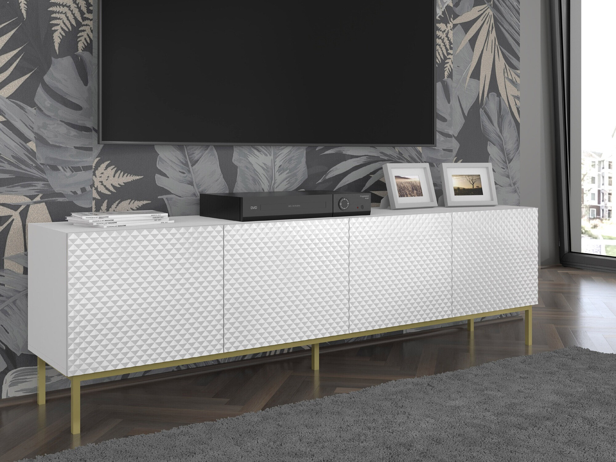 TV-állvány Odelomu 100 (Fehér + Fényes fehér)