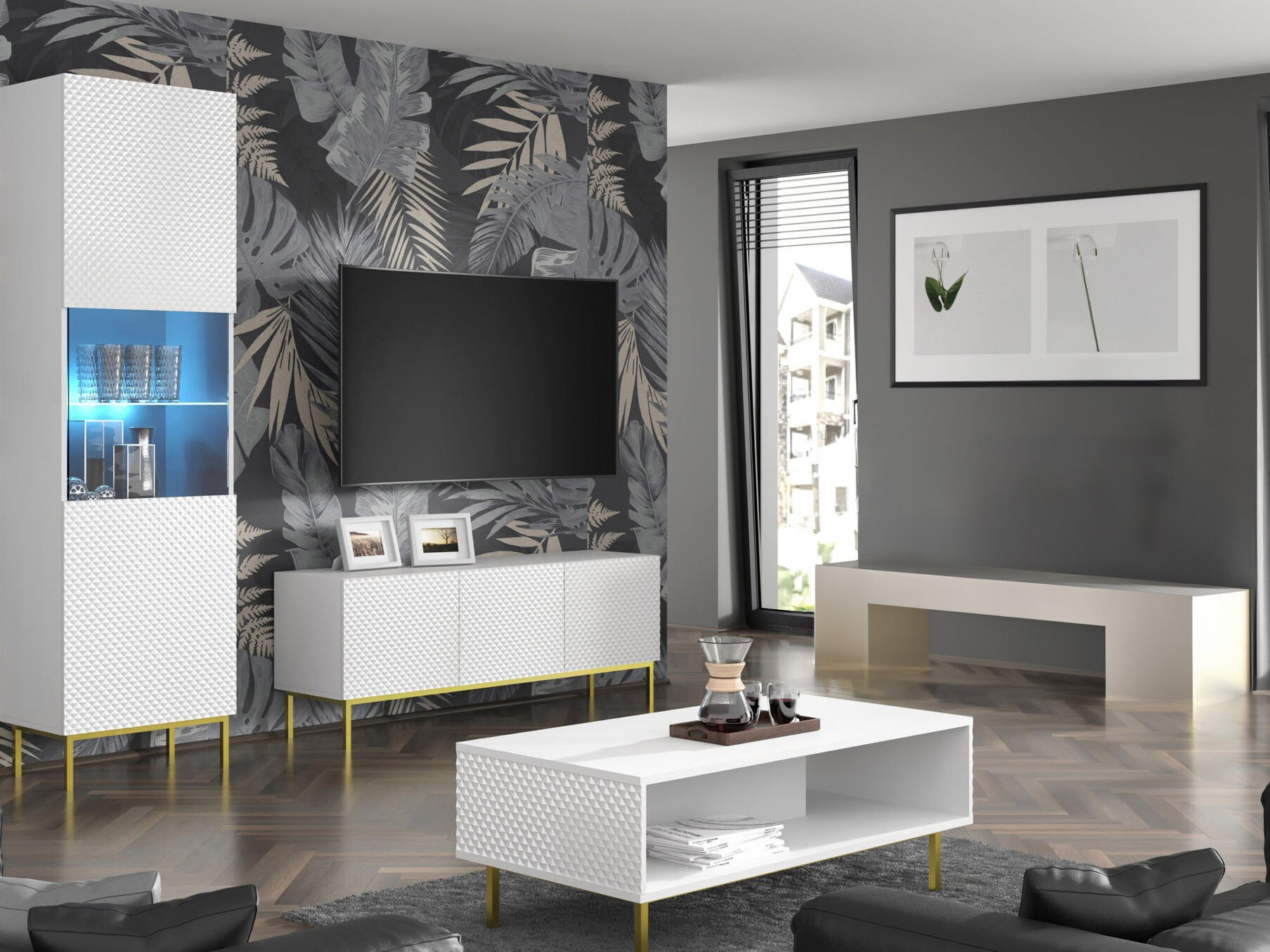 TV-állvány Odelomu 101 (Fehér + Fényes fehér)