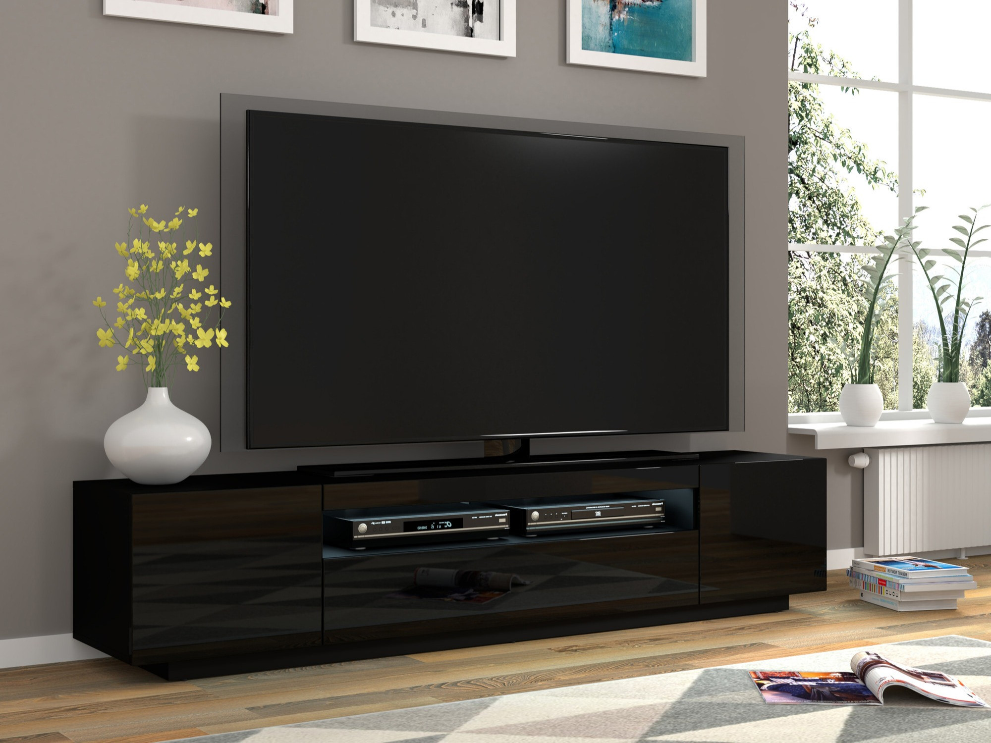 TV-állvány Morteo 104 (Fekete + Fényes fekete)