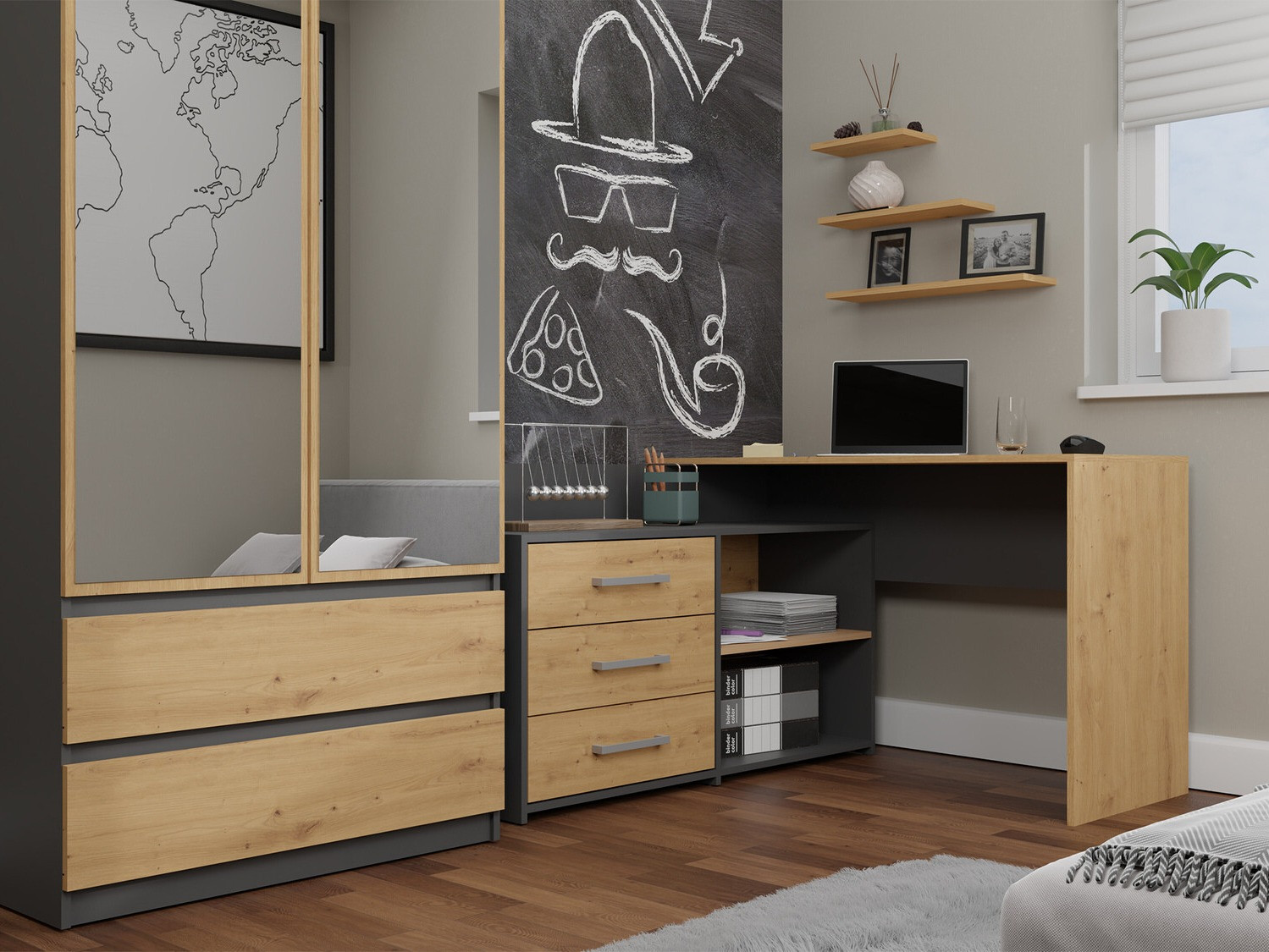 Sarok íróasztal Mandeville 131 (Antracit + Artisan tölgy)