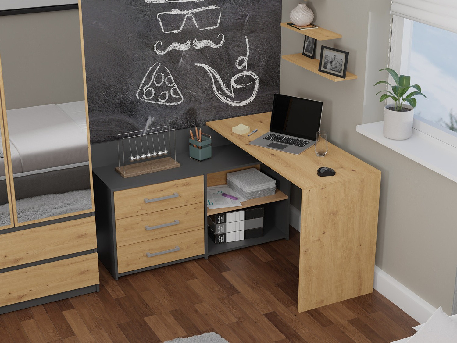 Sarok íróasztal Mandeville 131 (Antracit + Artisan tölgy)