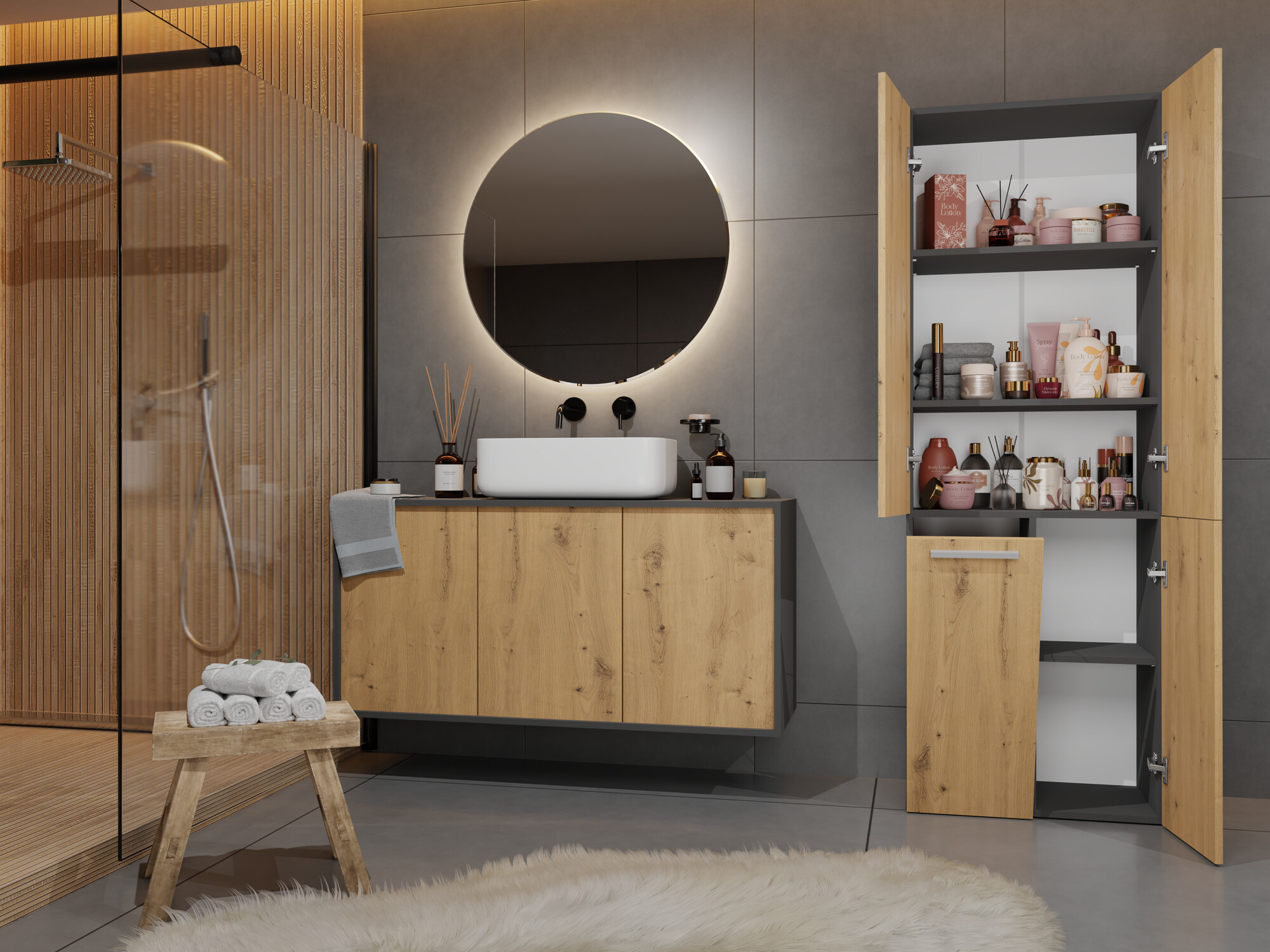 Álló fürdőszoba szekrény Nolmaru 100 (Antracit + Artisan tölgy)