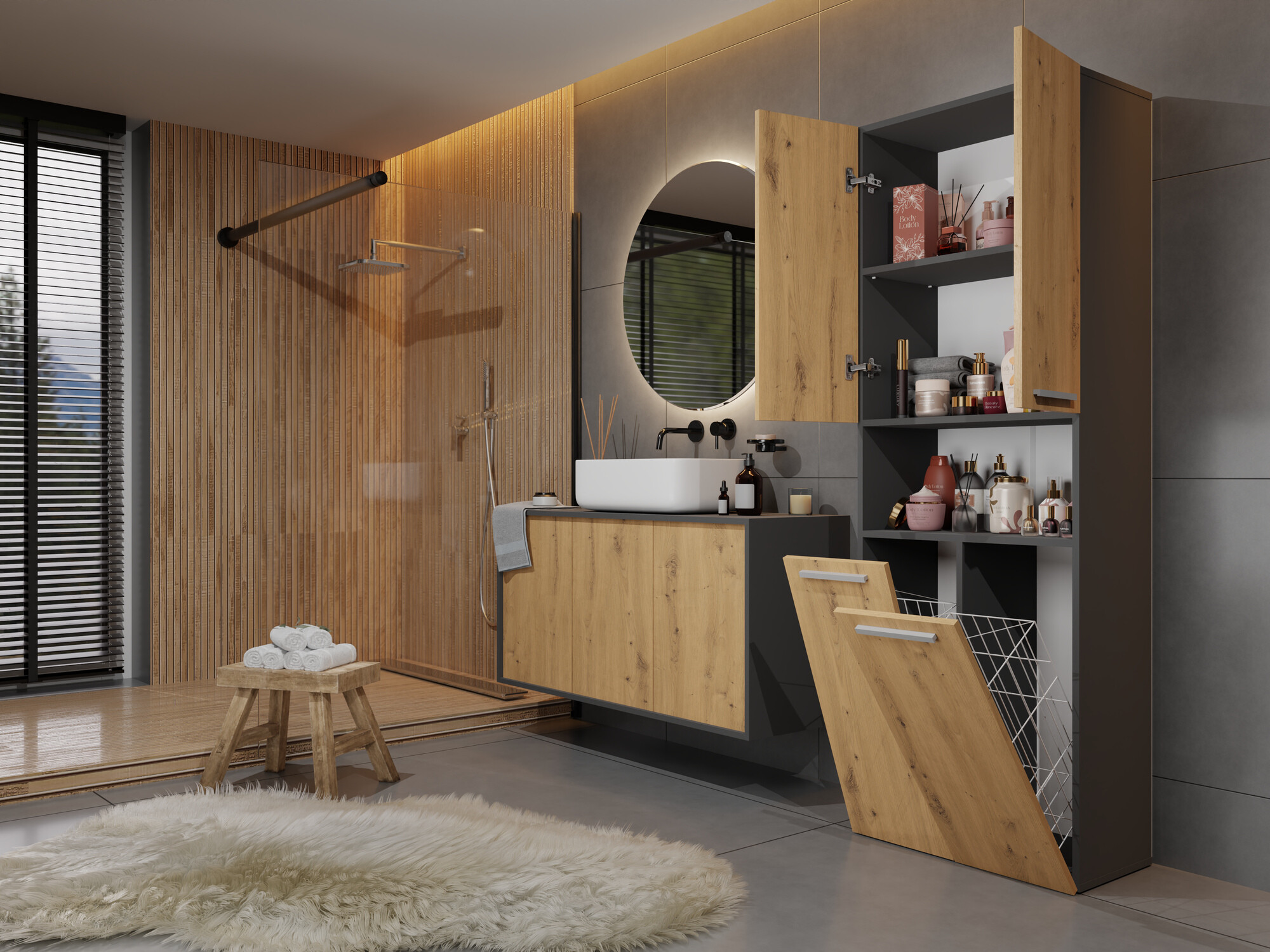 Álló fürdőszoba szekrény Nolmaru 103 (Antracit + Artisan tölgy)