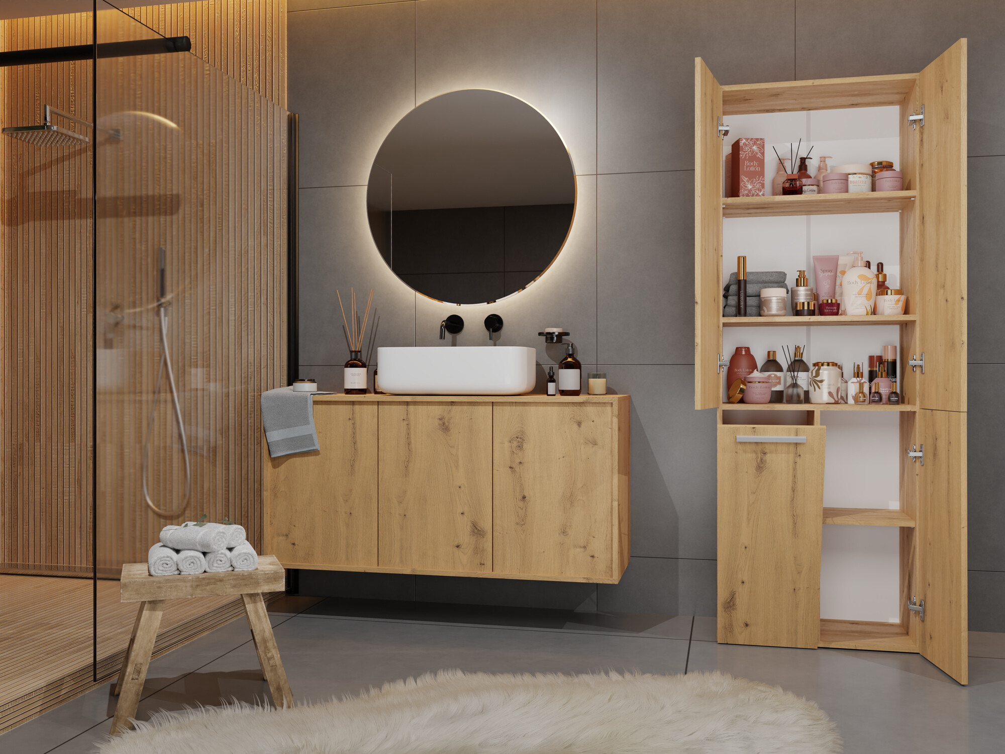 Beépített fürdőszoba szekrény Nolmaru 100 (Artisan tölgy)