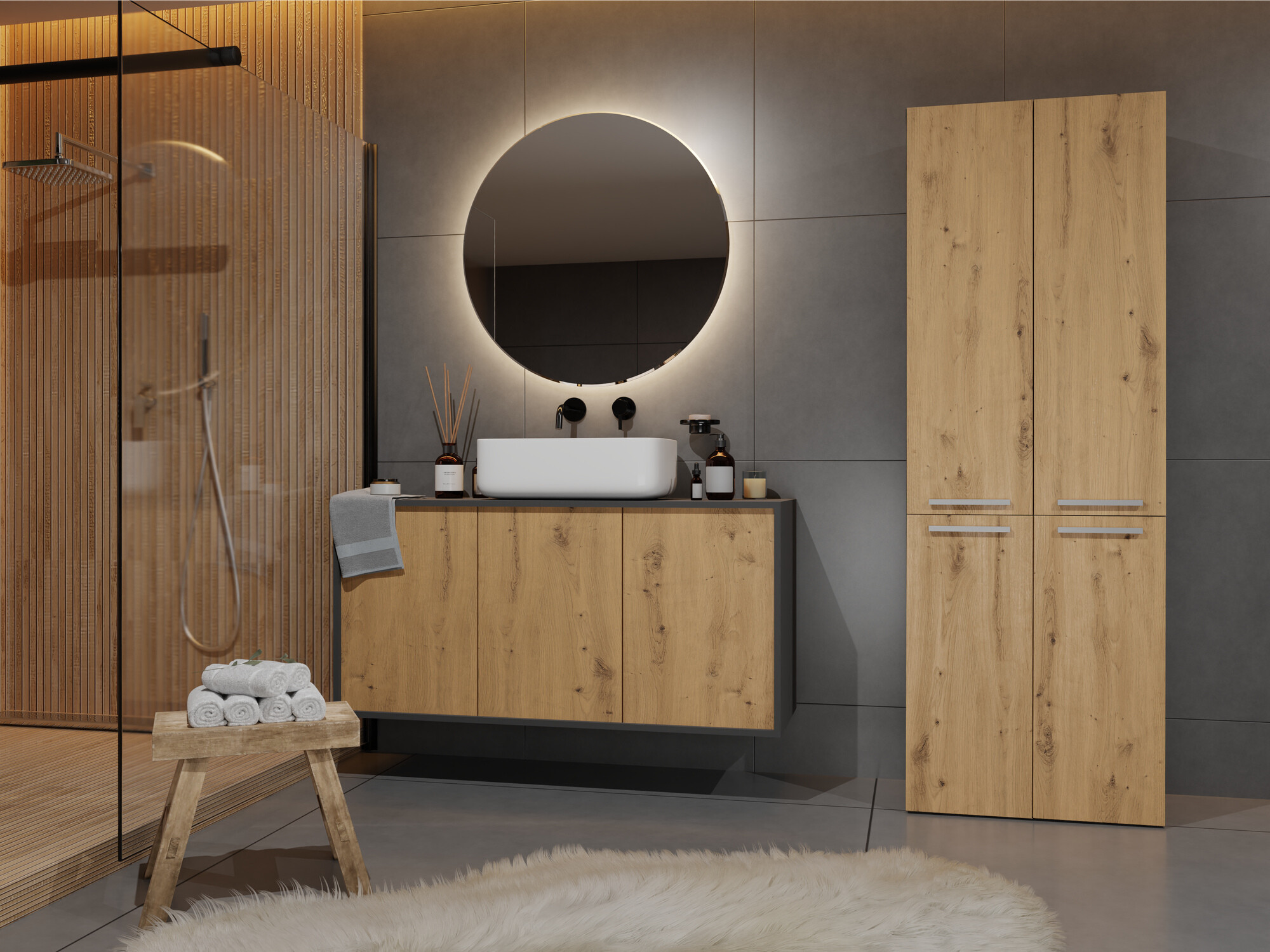 Beépített fürdőszoba szekrény Nolmaru 102 (Antracit + Artisan tölgy)