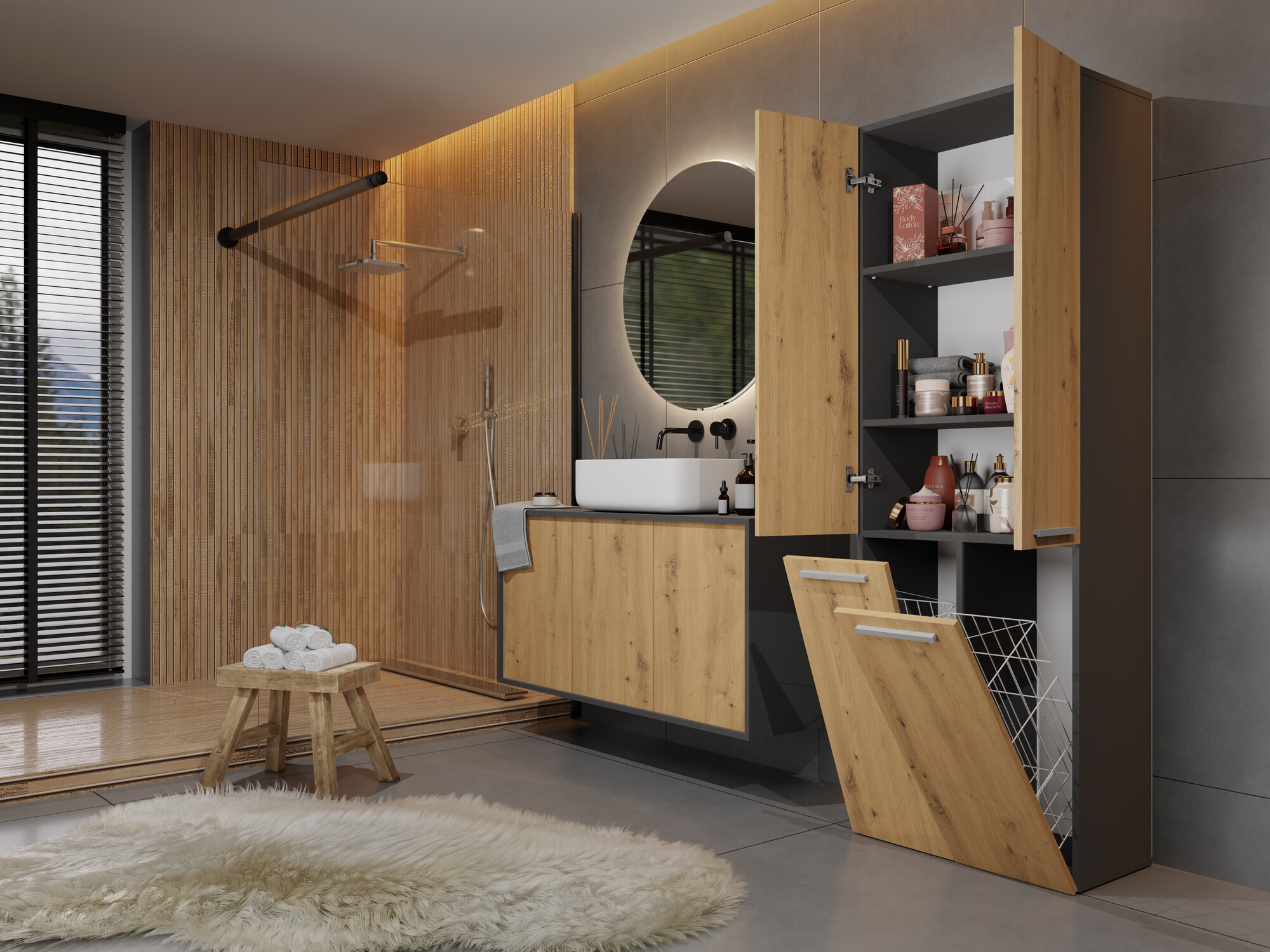 Beépített fürdőszoba szekrény Nolmaru 102 (Antracit + Artisan tölgy)