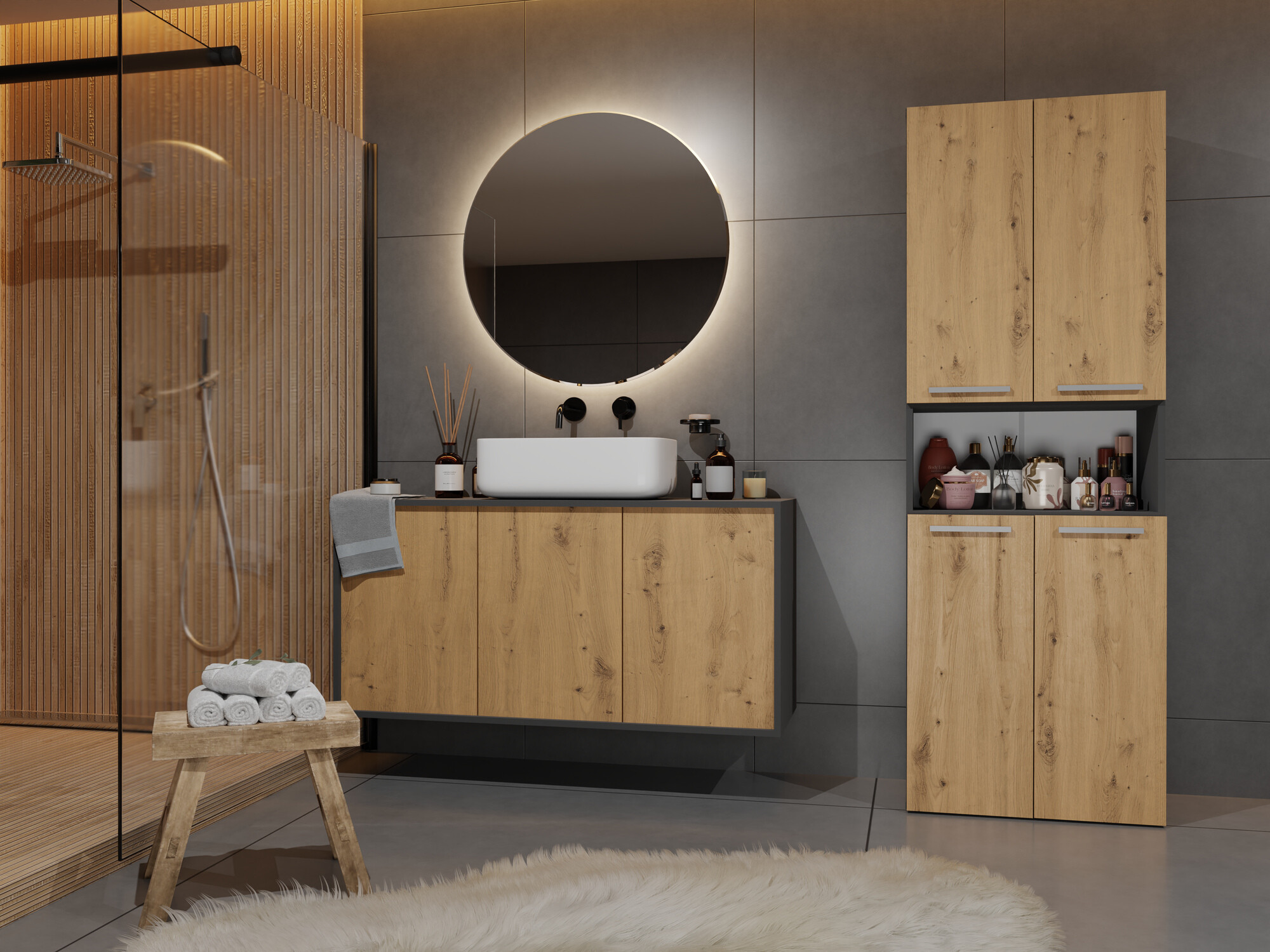 Beépített fürdőszoba szekrény Nolmaru 103 (Antracit + Artisan tölgy)