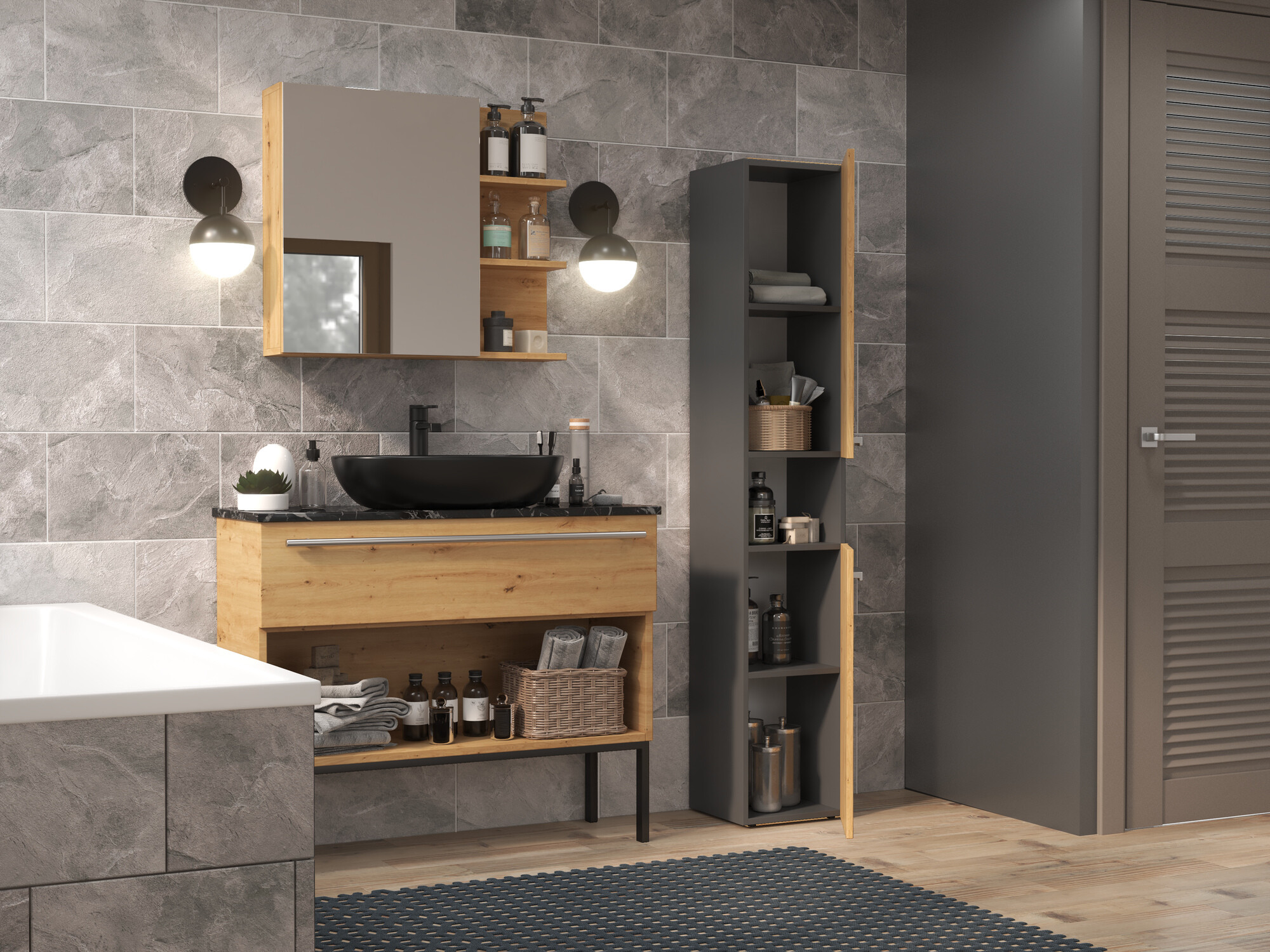 Beépített fürdőszoba szekrény Nolmaru 104 (Antracit + Artisan tölgy)