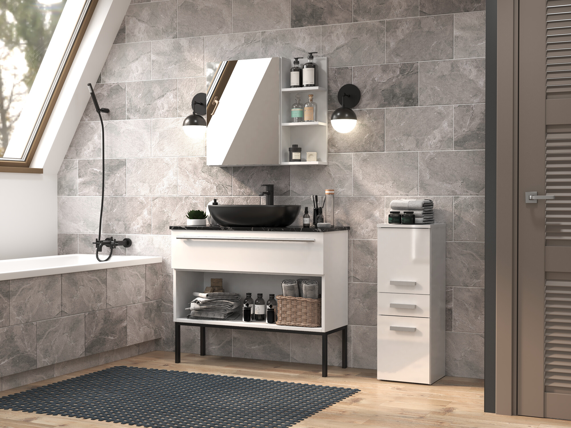 Álló fürdőszoba szekrény Nolmaru 108 (Fehér + Fényes fehér)