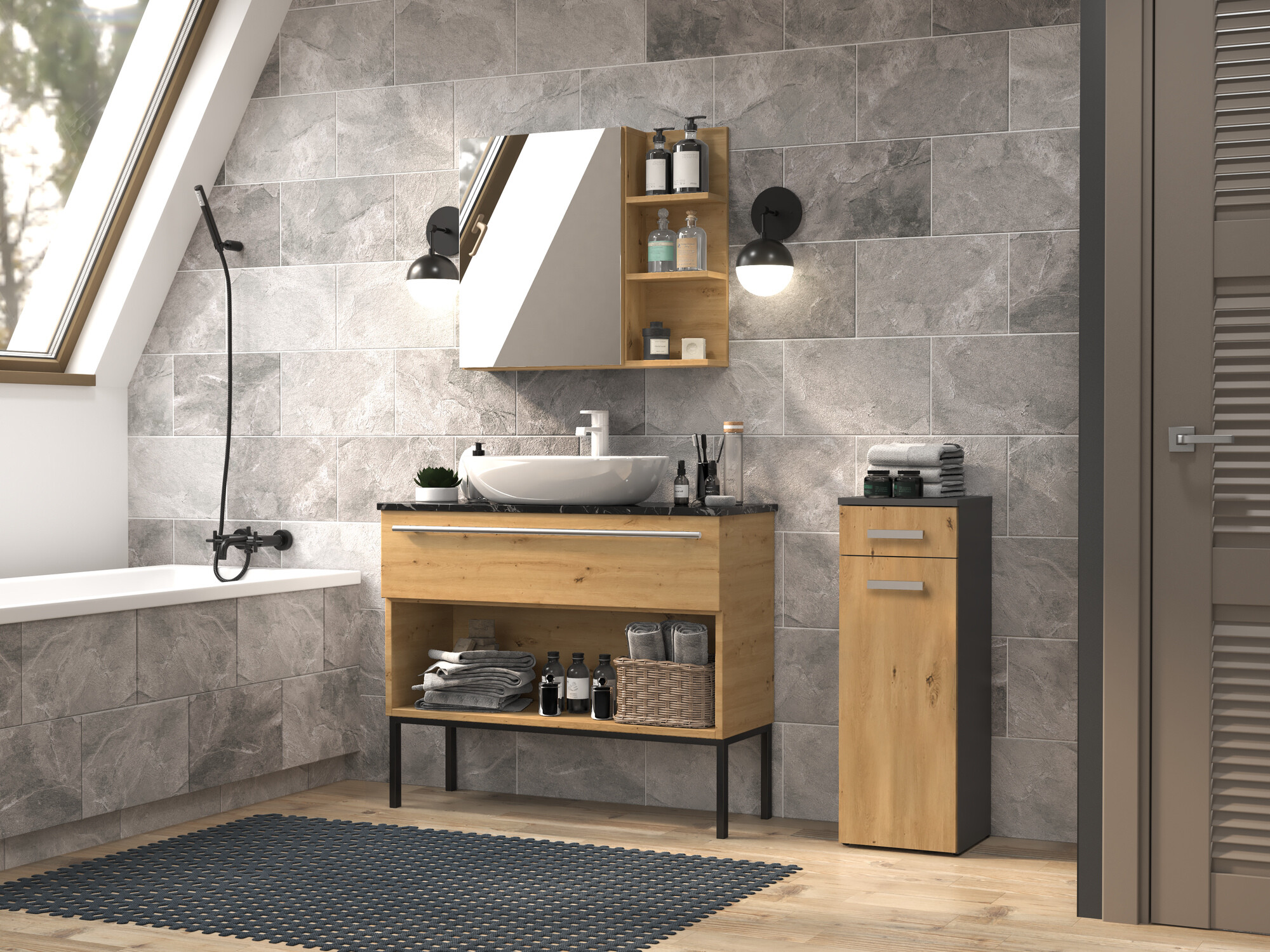Beépített fürdőszoba szekrény Nolmaru 109 (Antracit + Artisan tölgy)