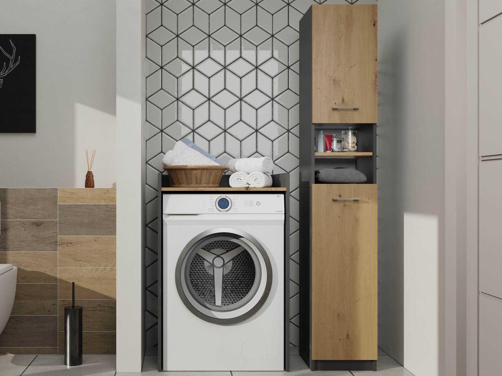 Beépített fürdőszoba szekrény Balelbo 102 (Antracit + Artisan tölgy)