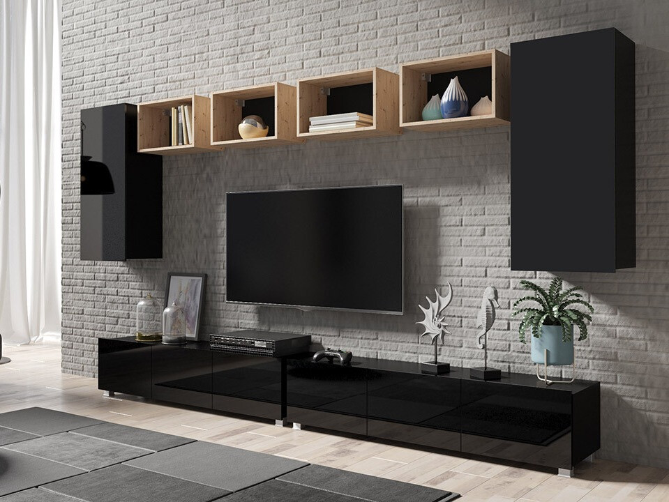 Nappali szett Tivdalu 155 (Fekete + Fényes fekete + Artisan tölgy)