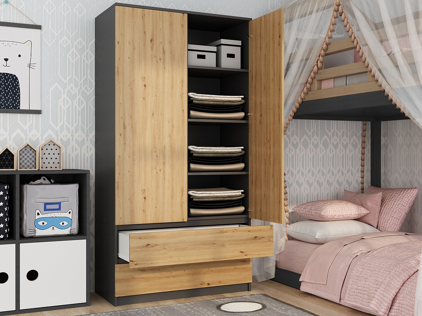 Gardróbszekrény Elbvelu 116 (Antracit + Artisan tölgy)