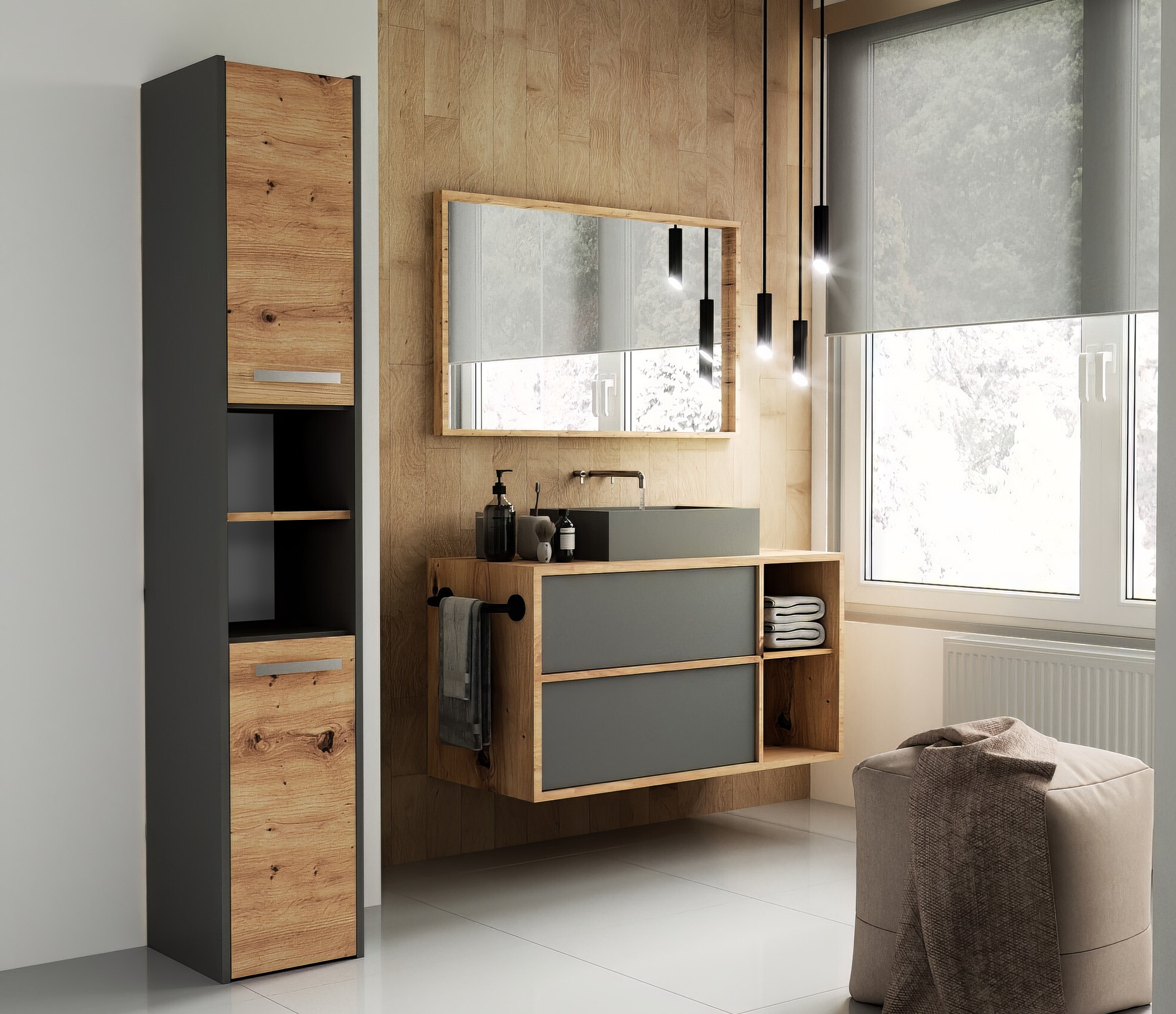 Álló fürdőszoba szekrény Mandeville 248 (Antracit + Artisan tölgy)
