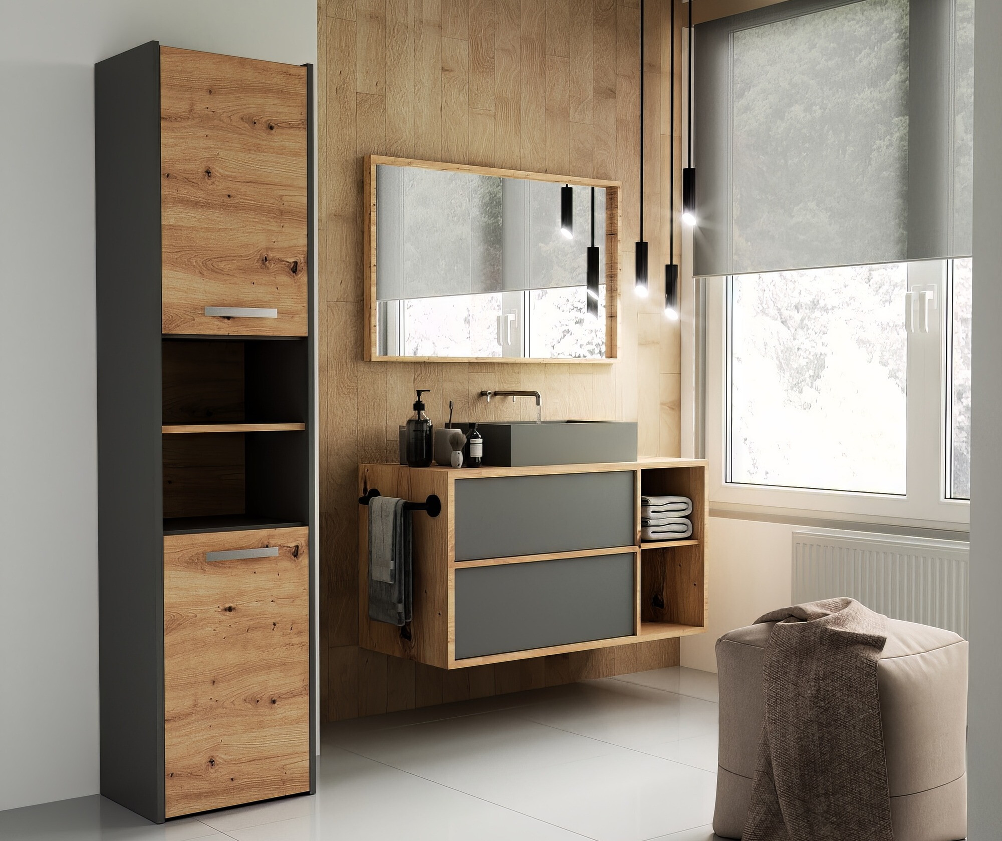 Álló fürdőszoba szekrény Mandeville 250 (Antracit + Artisan tölgy)