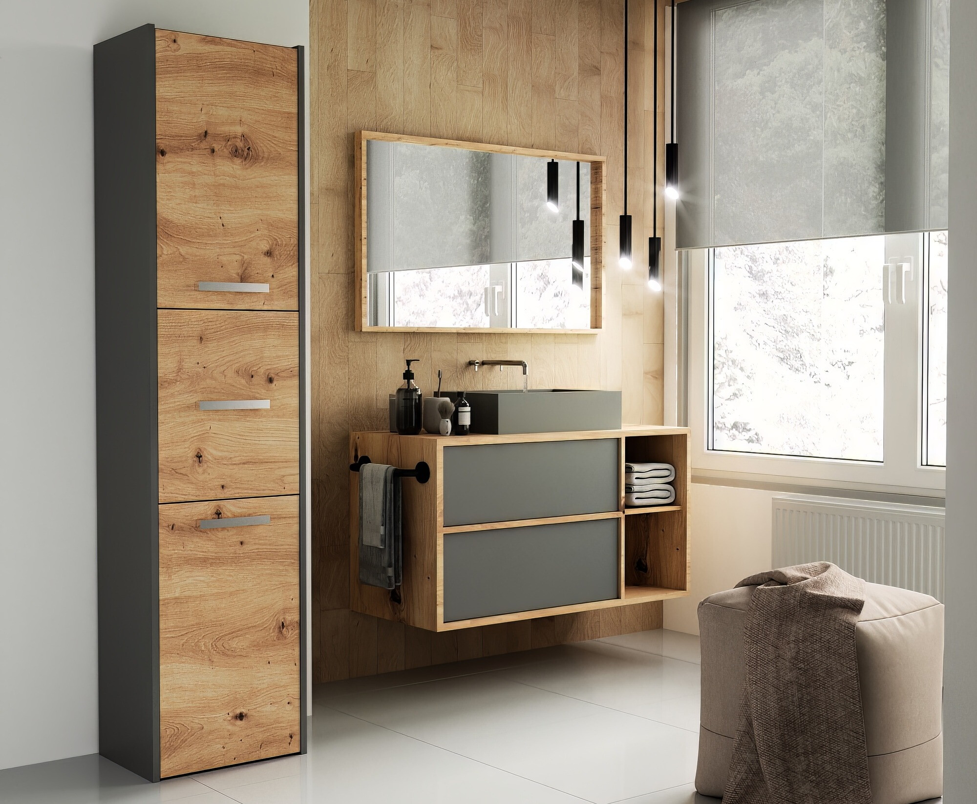 Álló fürdőszoba szekrény Mandeville 251 (Antracit + Artisan tölgy)