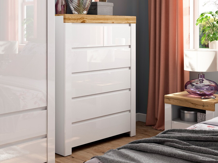 Komód Sonsoru 114 (Fehér + Fényes fehér + Wotan tölgy)