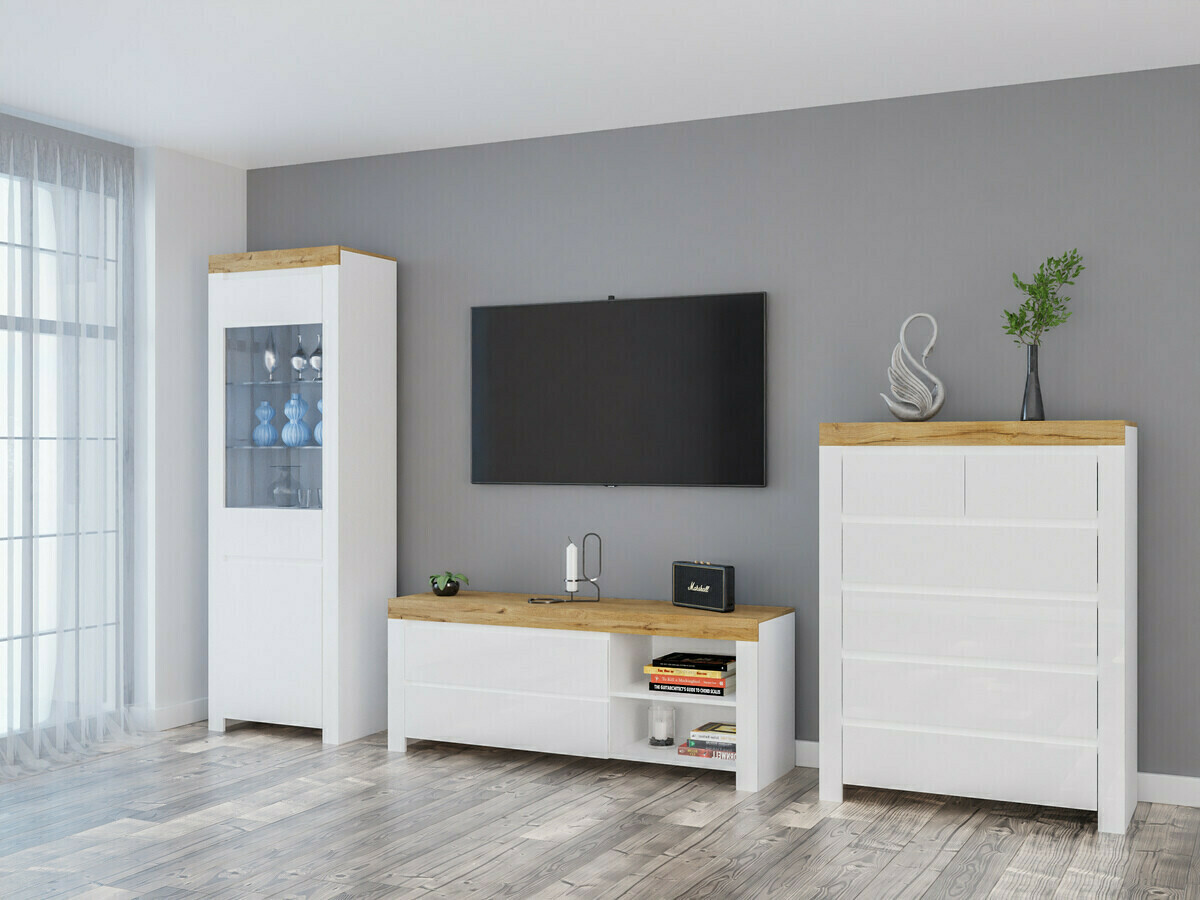 Komód Sonsoru 114 (Fehér + Fényes fehér + Wotan tölgy)