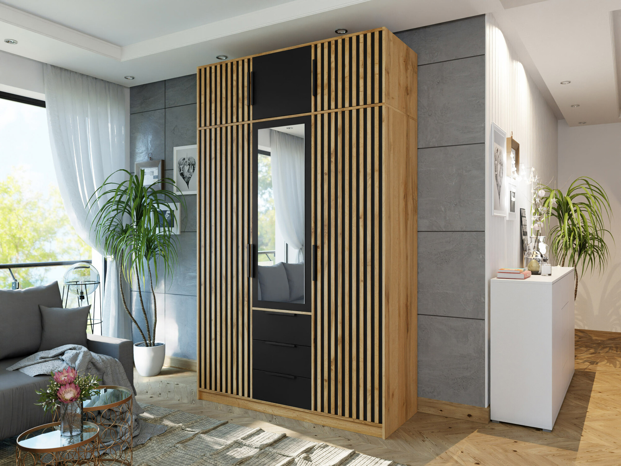 Gardróbszekrény Collis I (Wotan tölgy + Fekete)