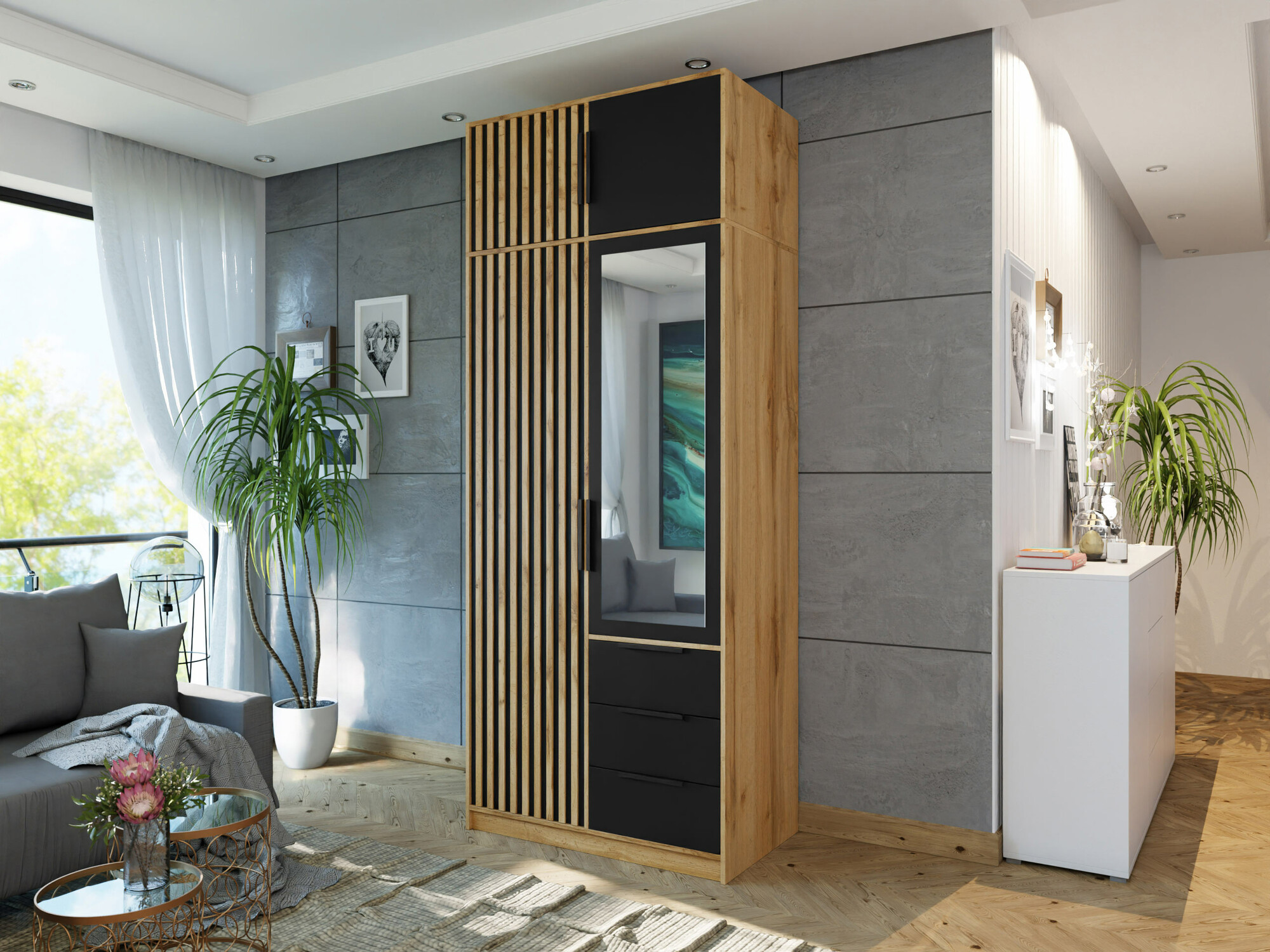 Gardróbszekrény Enolevo 104 (Wotan tölgy + Fekete)